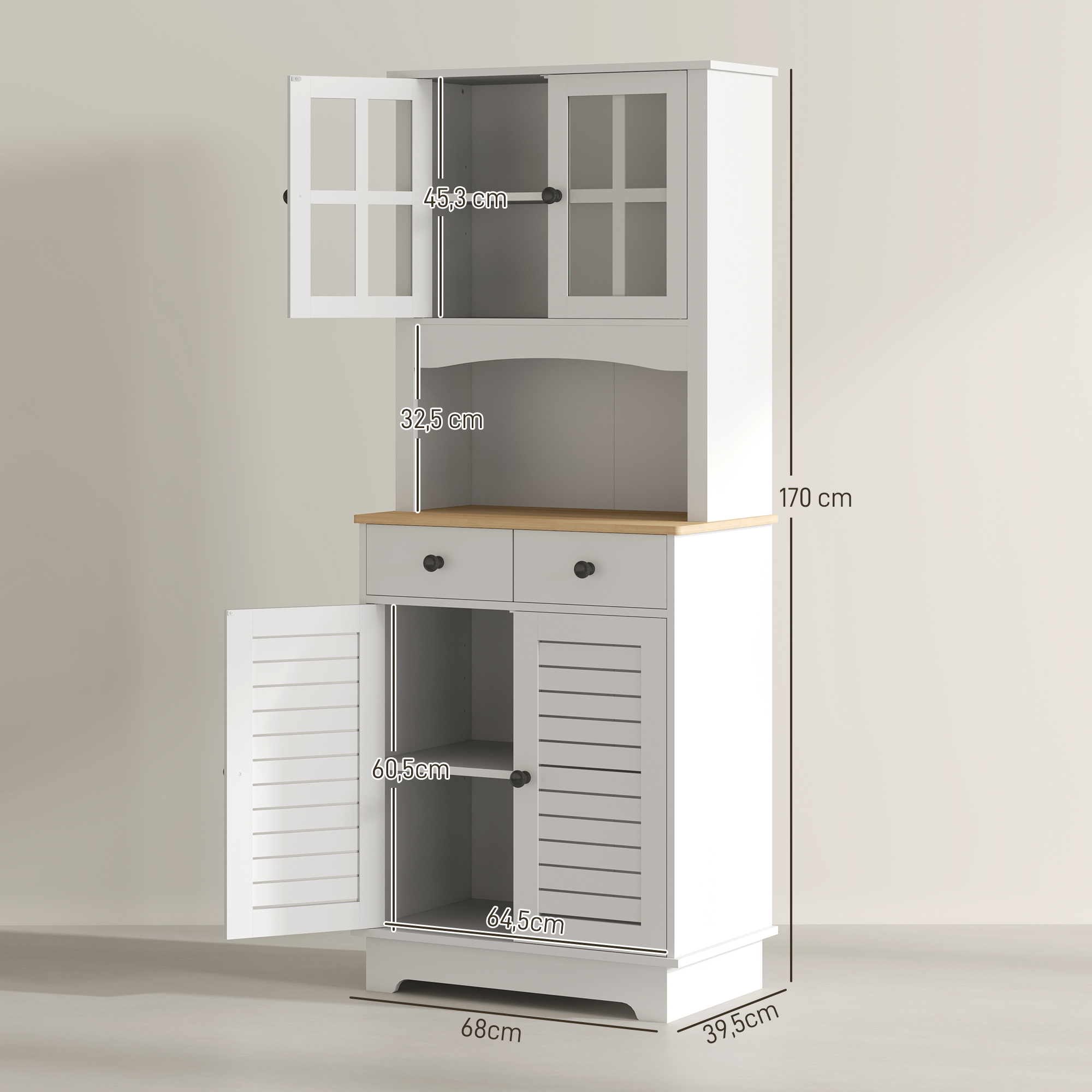Küchenschrank mit Glastüren, 2 Schubladen, Geschirrschrank, Esszimmerschrank, Holz, 68 x 39,5 x 170 cm, Weiß
