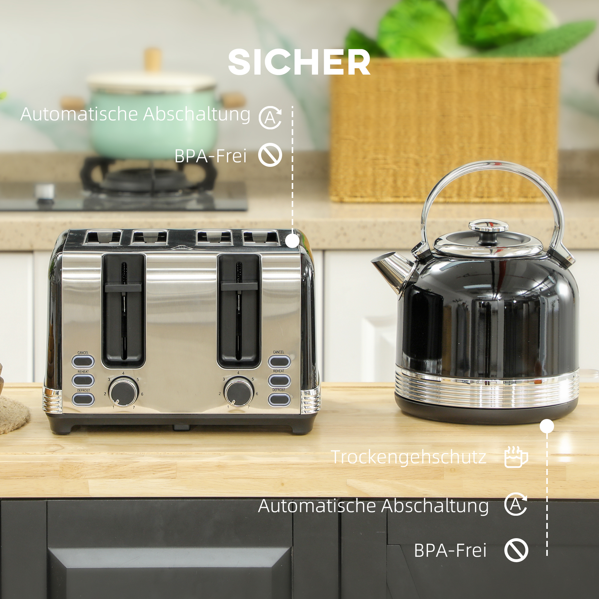 Wasserkocher- und Toaster-Set, 7 Bräunungsstufen, 1,7 L, Kunststoff, Edelstahl, Schwarz