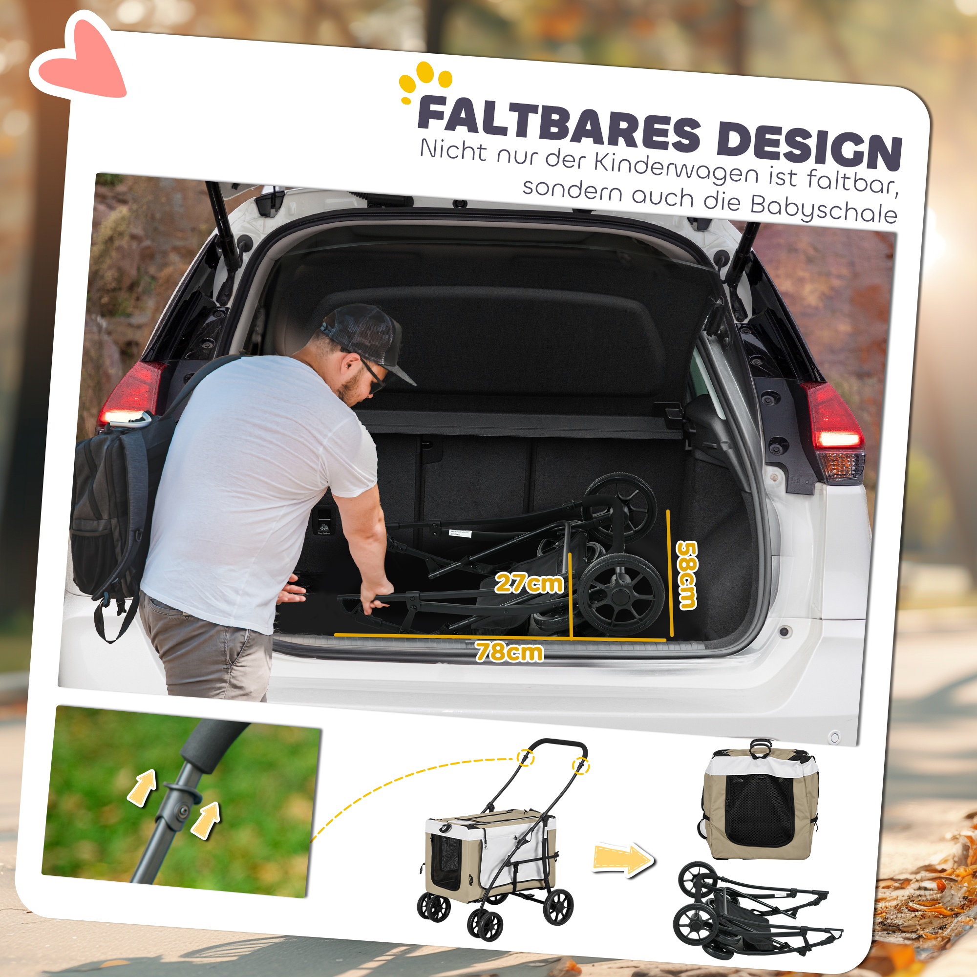 Hundbuggy Haustierbuggy Hundewagen, klappbar, abnehmbarer Korb, 81 x 58 x 97,5 cm, Schwarz+Khaki+Weiß