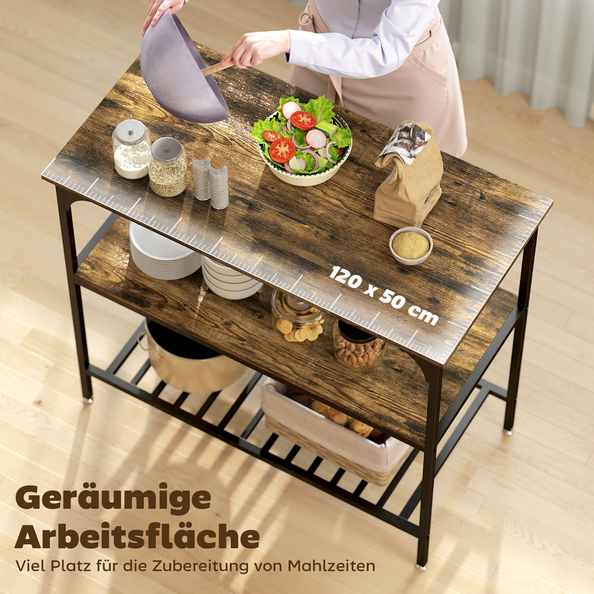 Bäckerregal, 3-stufiges Küchenregal mit Stahlrahmen, Rustikales Braun+Schwarz