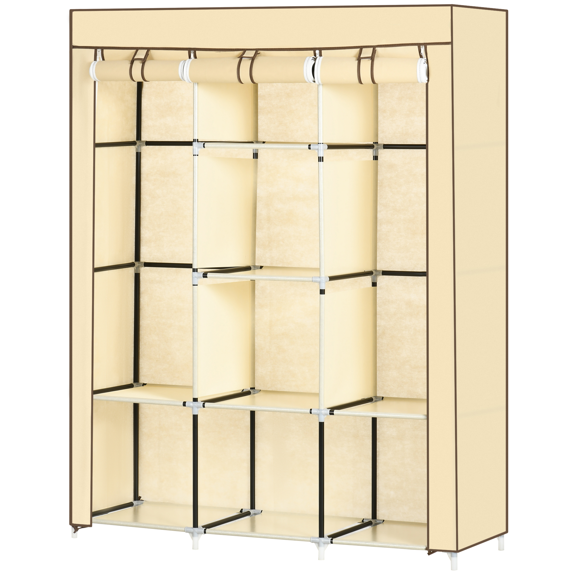 Schrank aus Stoff, Aufbewahrungslösung, 8 Regale, 2 Kleiderstangen, Beige
