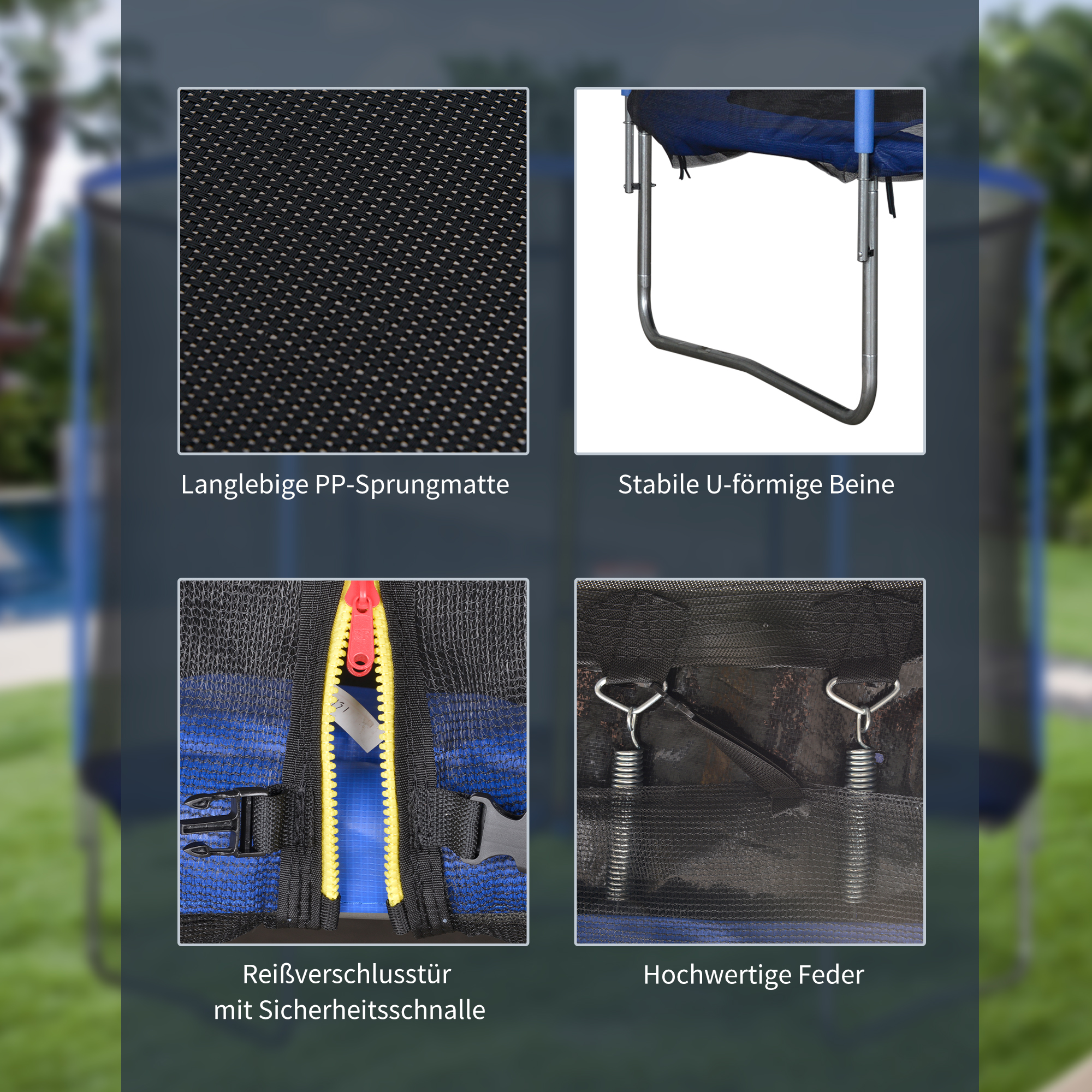Trampolin mit Sicherheitsnetz Gartentrampolin für Innen- und Außenbereich Fitnesstrampolin für Kinder und Erwachsene Stahl Blau+Schwarz bis 113,6 kg Ø305 x 248H cm