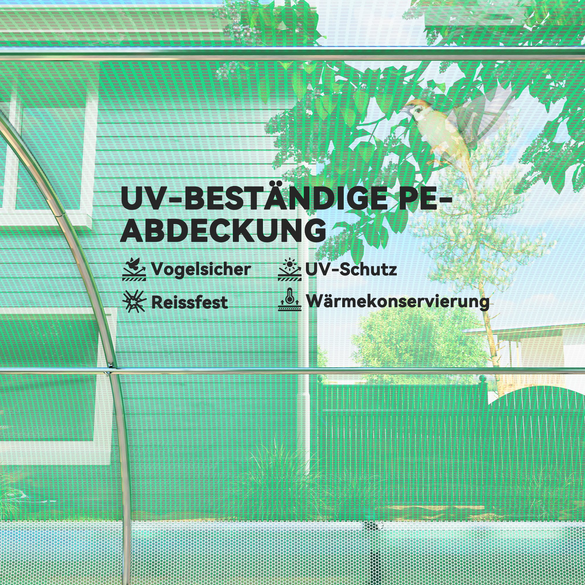 4 x 3 x 2 m Polytunnel-Gewächshaus mit Sonnenschutznetz, rollbaren Seitenwänden, Kunststoff-Abdeckung, Stahlrahmen, Grün