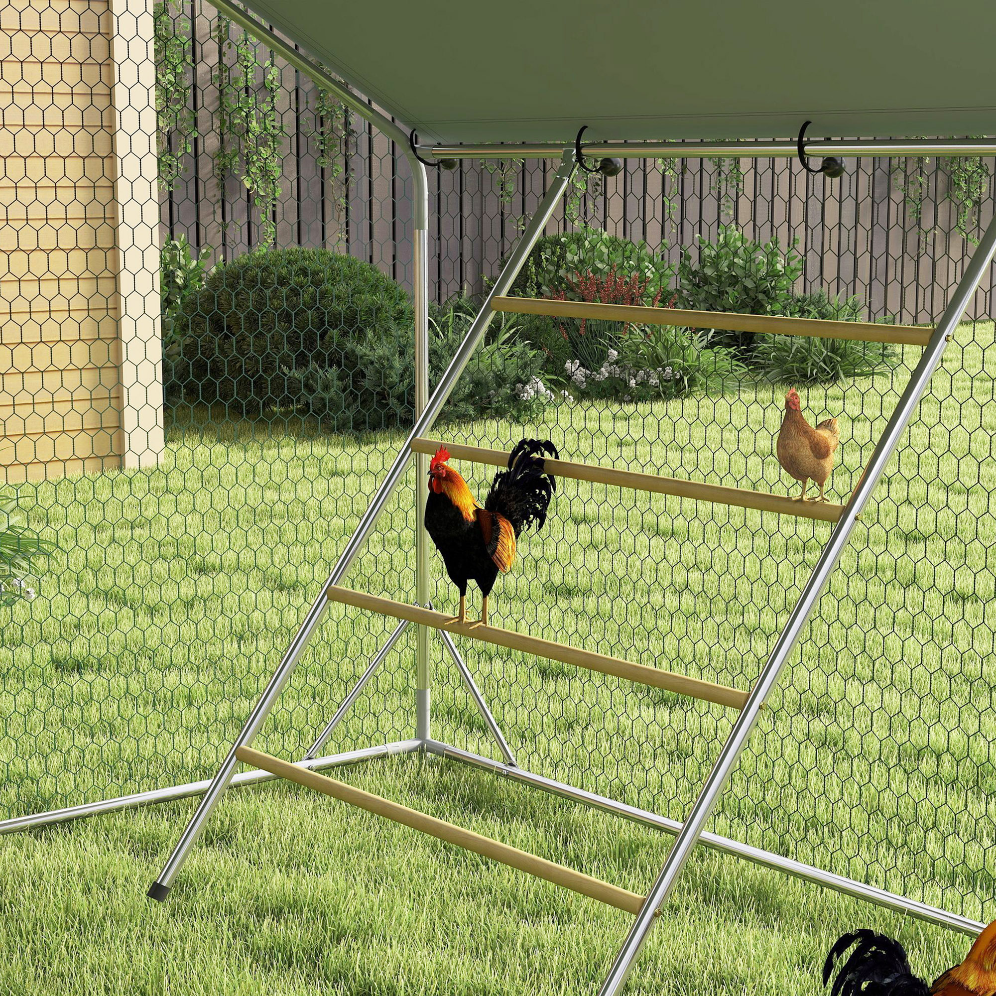 Hühnerstall, Freilaufgehege für Hühner, mit UV-beständiger Plane, Stahlgitter, Futterautomat, für 24-30 Hühner