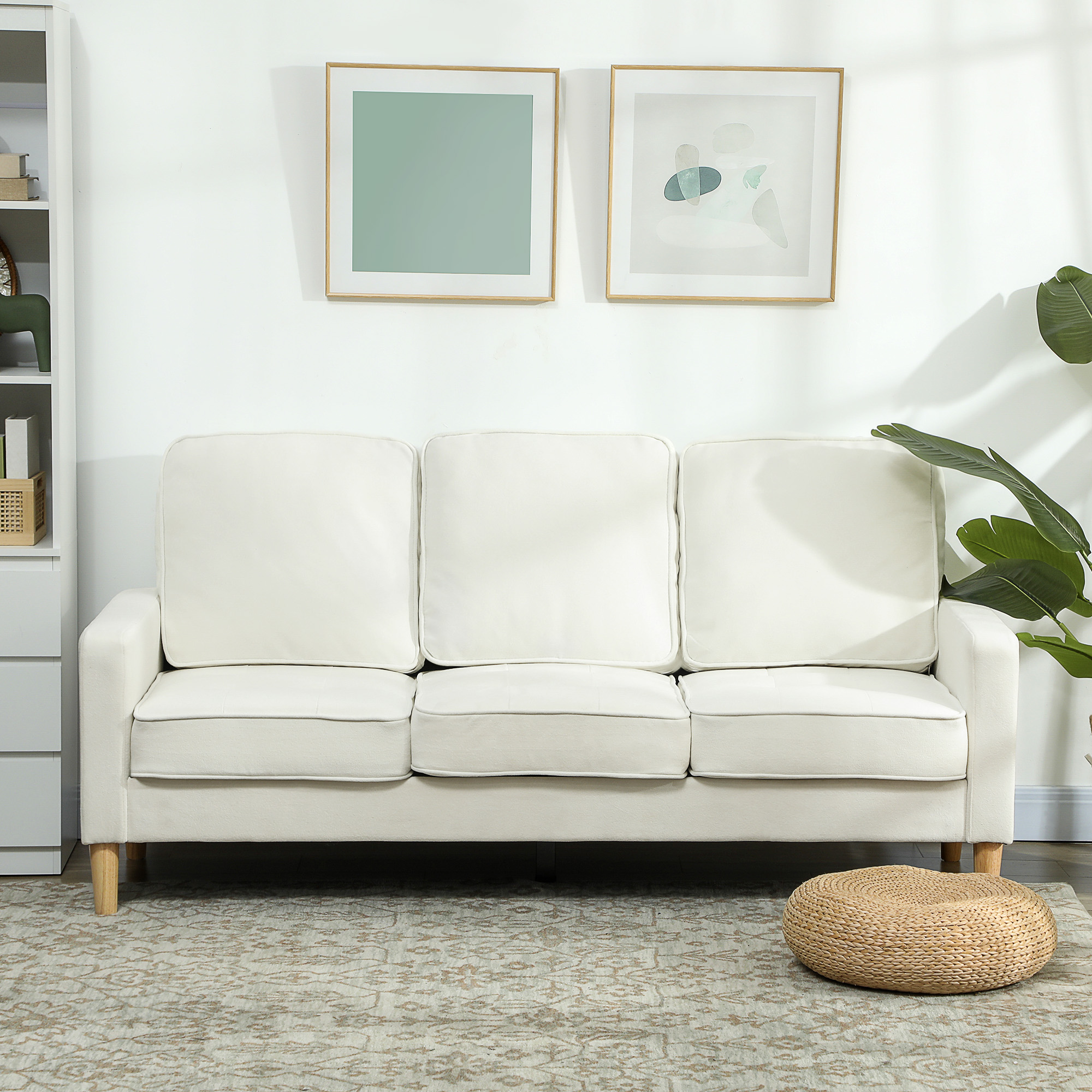 3-Sitzer-Sofa mit dicken Kissen, Kautschukholz, Stoffbezug, Polstersofa für Wohnzimmer, Büro, Schlafzimmer, Cremeweiß