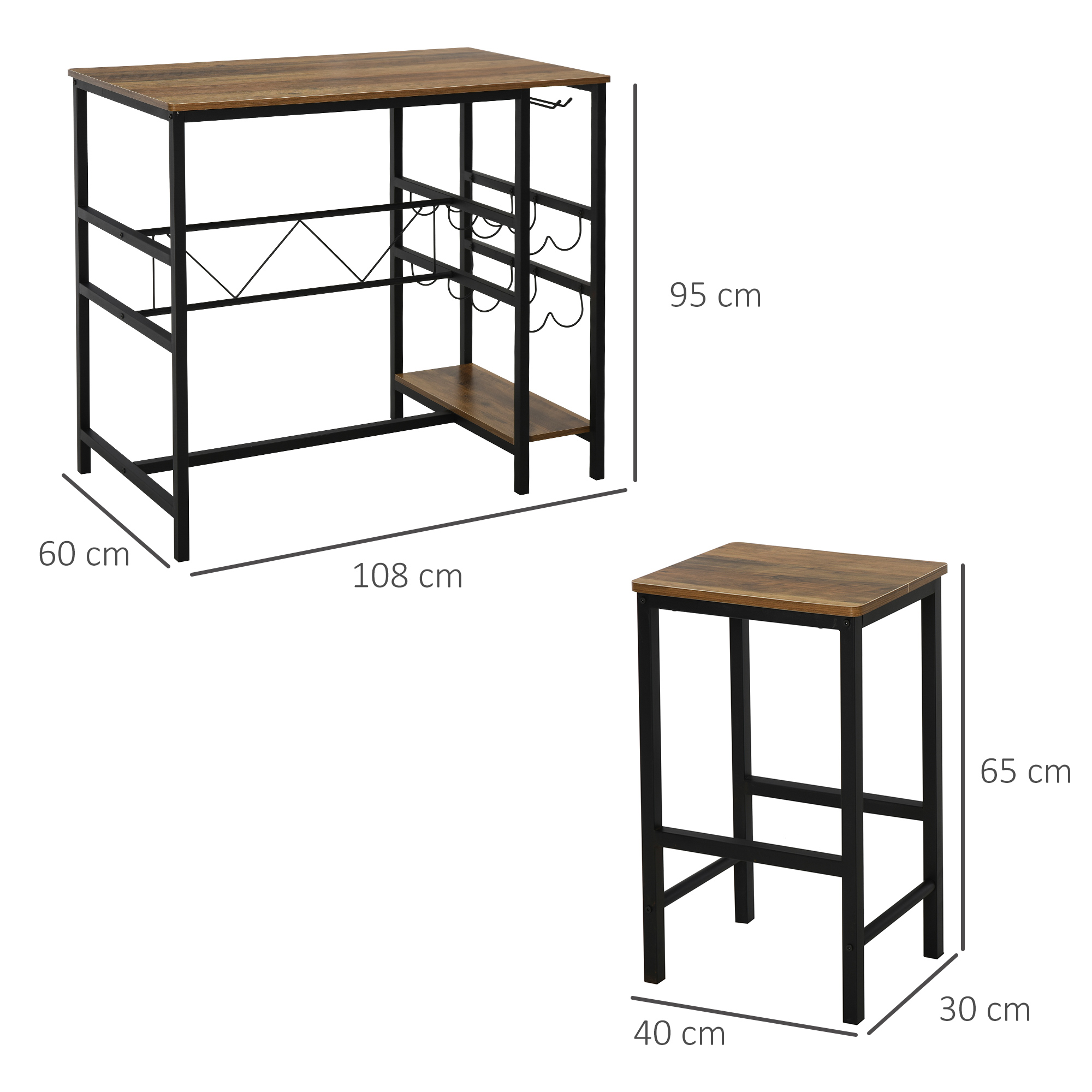 Bartisch-Set, Stehtisch mit 2 Barhockern, 3-teiliges Tischset Küchentresen mit Flaschenhalterung Spanplatte, Stahl, Natur+Schwarz, 108 x 60x 95H cm