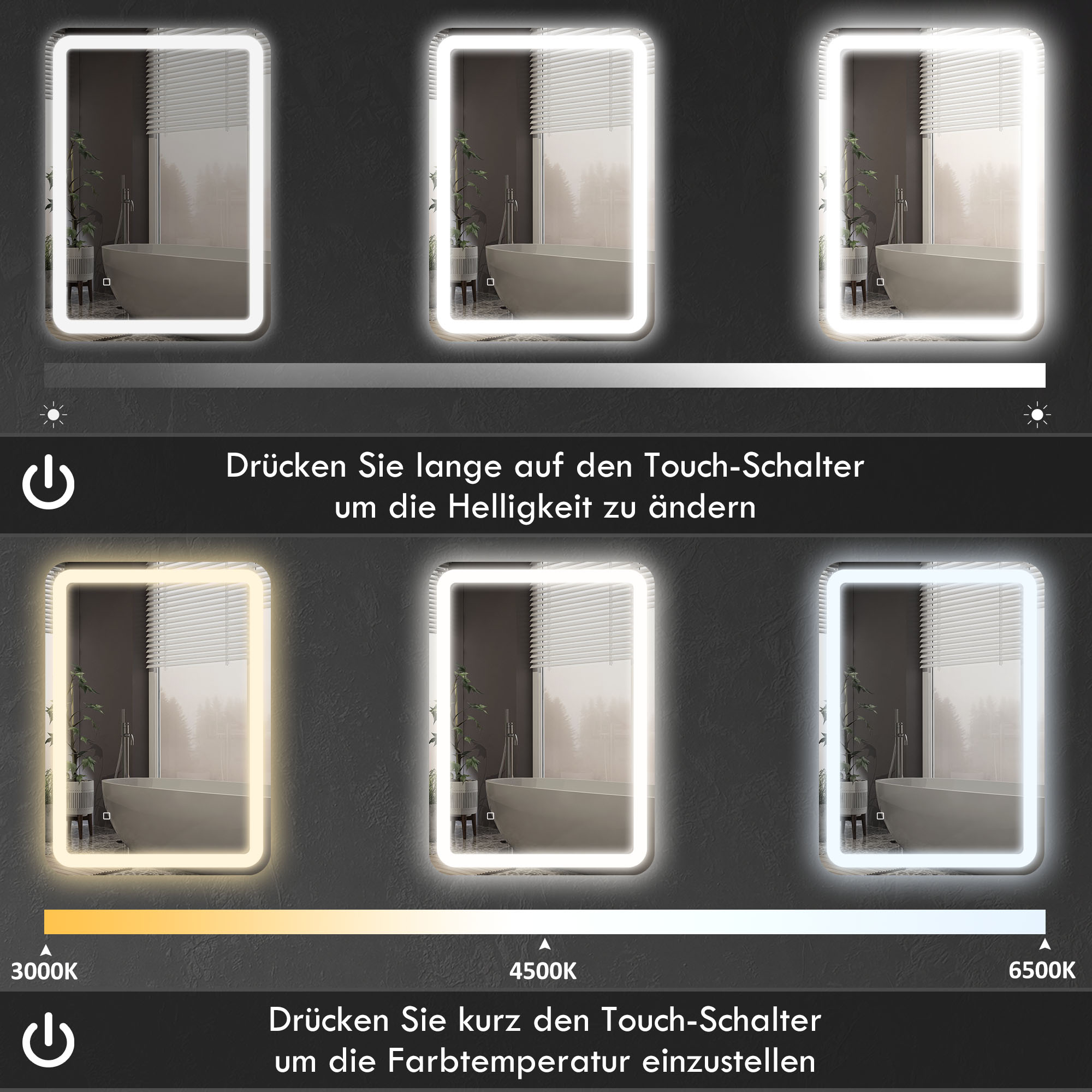 Badezimmerspiegel, beleuchtet, Touch-Steuerung, beschlagfrei, dimmbar, 3 Lichtfarben, 70x90, Silber
