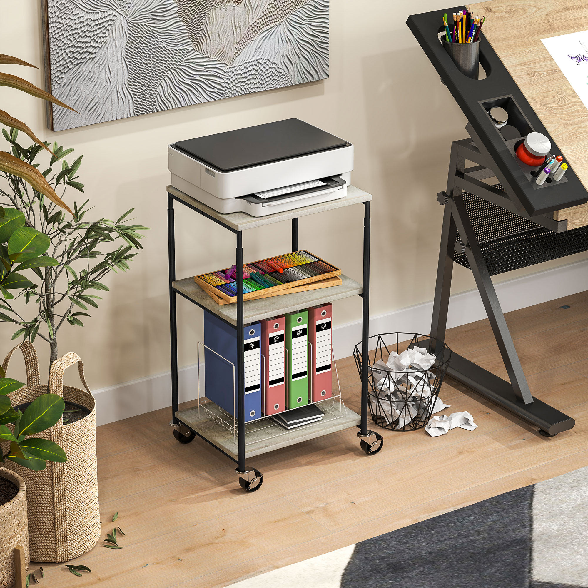 Druckerständer mit 3 Ebenen, höhenverstellbar, Mobiler Druckertisch auf Rollen, für Homeoffice, Metall und Holz