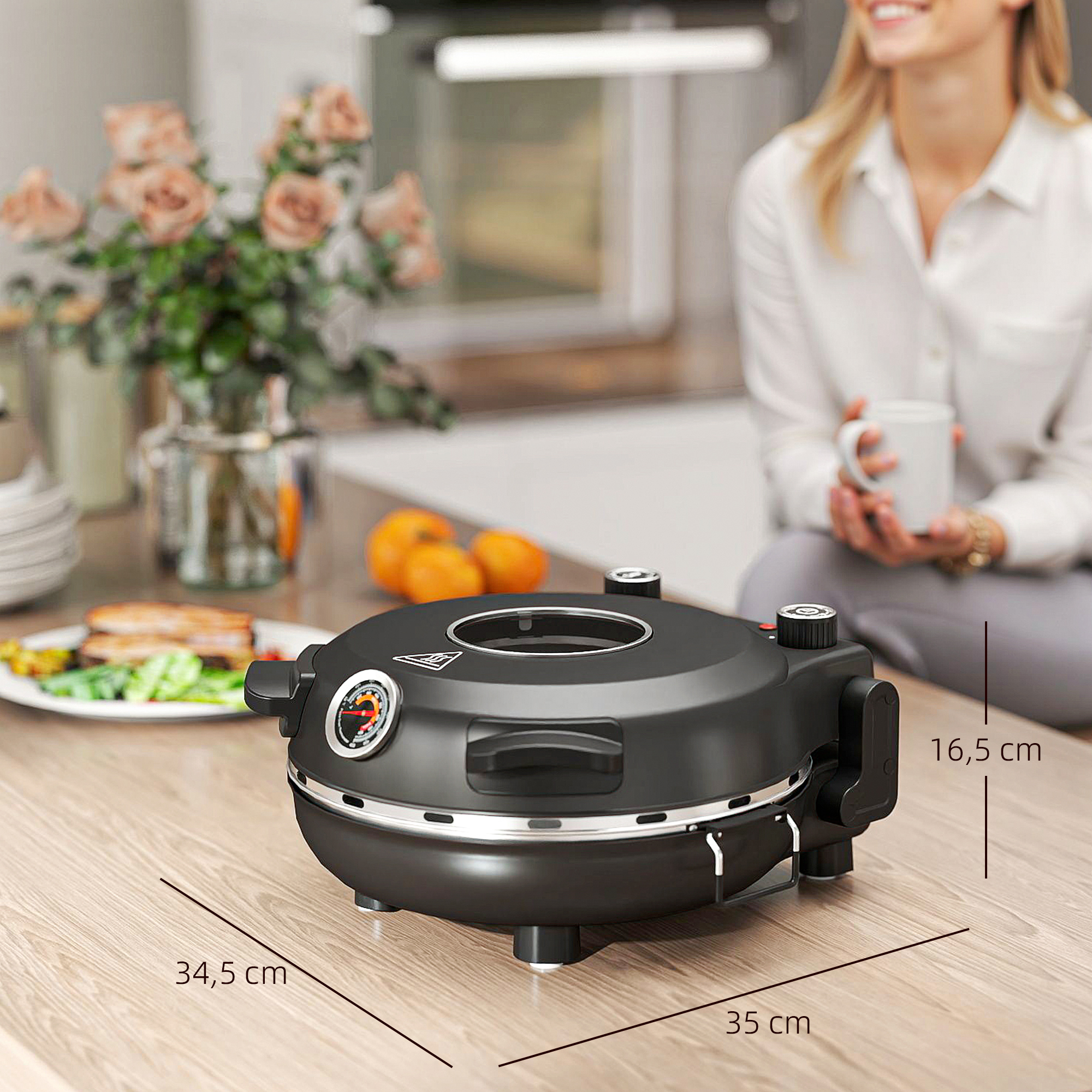 Pizzaofen elektrisch 430 ℃, 1200 Watt Pizzabäcker mit 30cm Steinplatte Timer Sichtfenster Edelstahl Schwarz