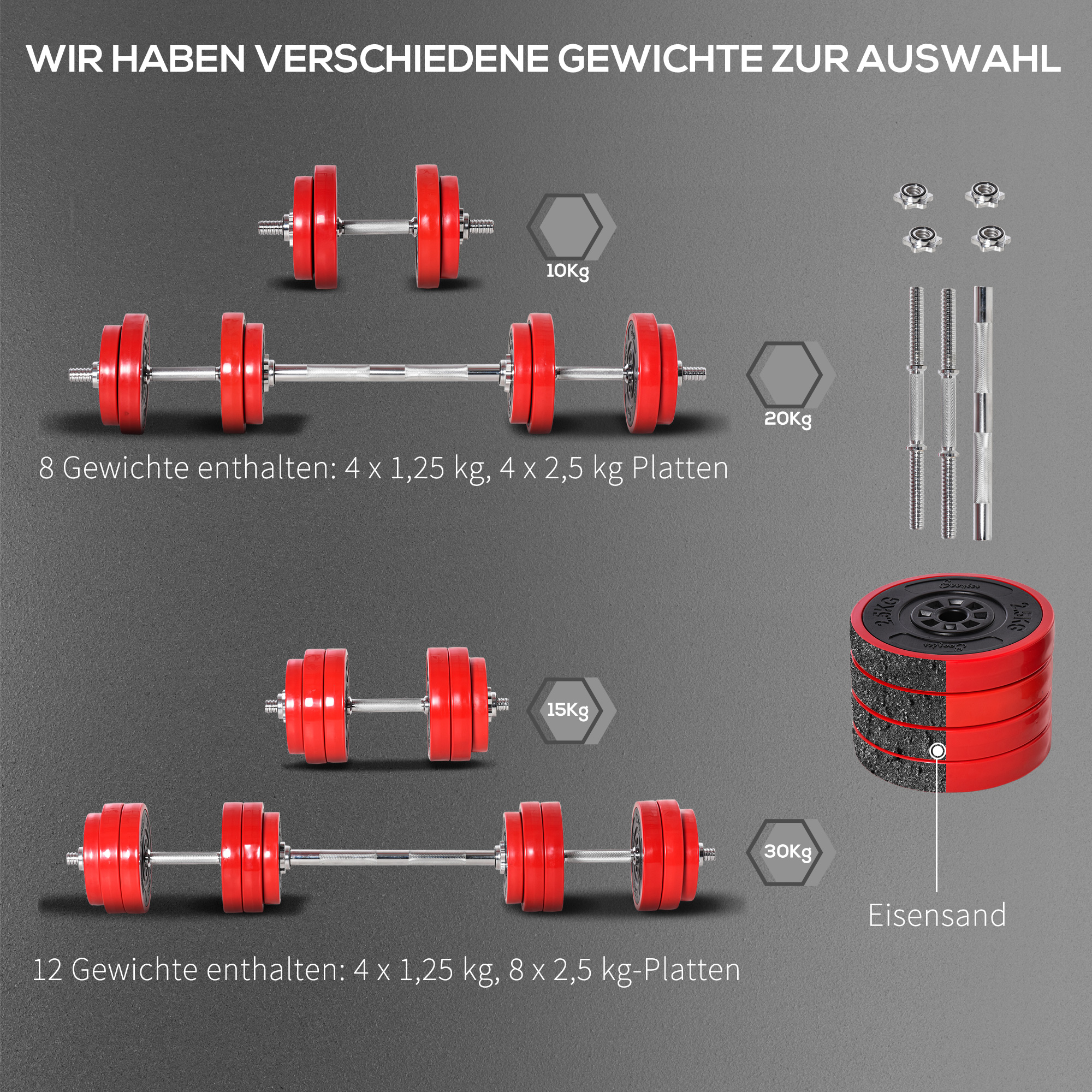 Hantelset 20/30KGS 2-IN-1 Hanteln&Langhanteln verstellbar Gewichtheben für Zuhause Fitness Muskel Rot+Schwarz 21,5 x 21,5 x 3,8 cm