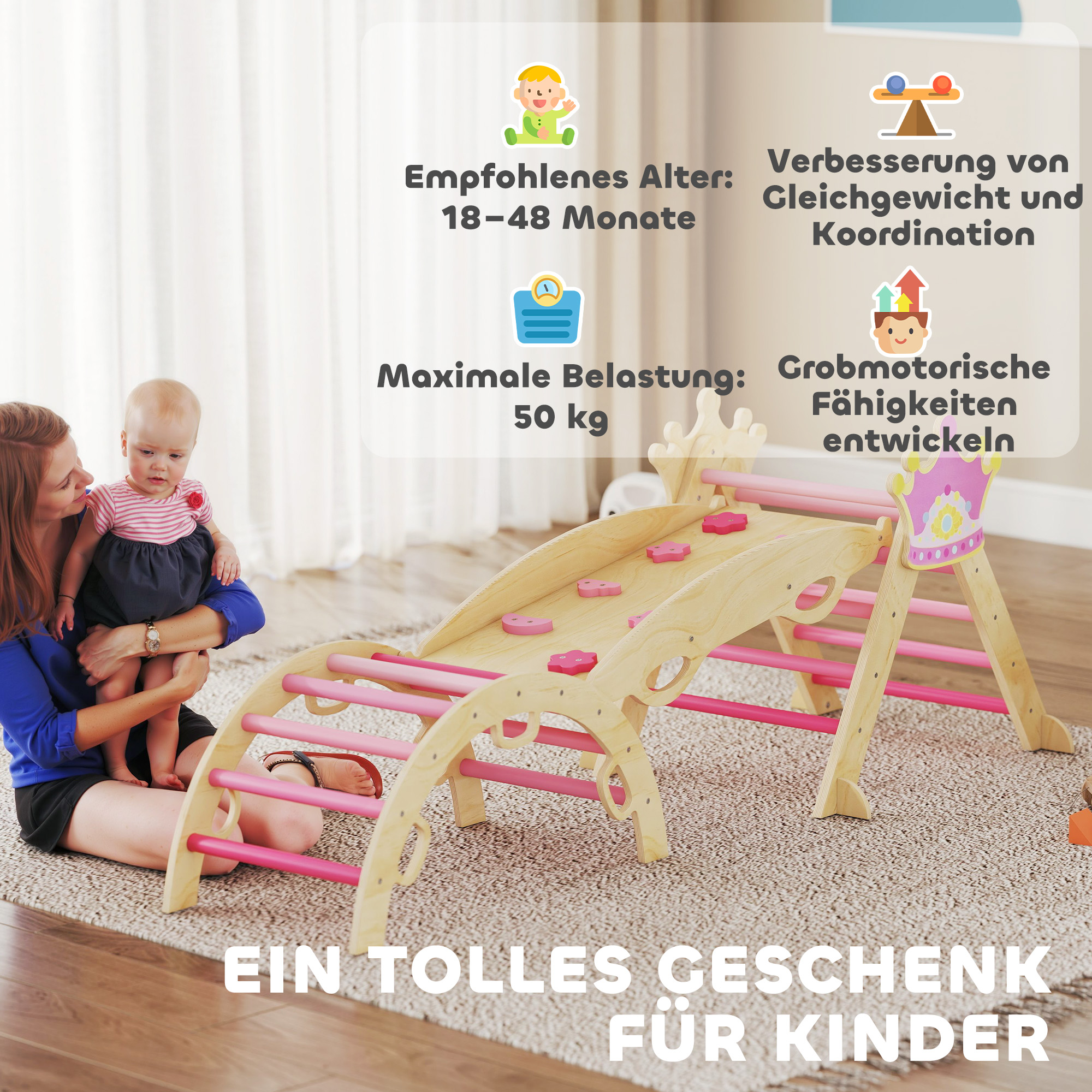 8-in-1 Indoor-Klettergerüst für Kinder, Prinzessinnen-Design, Rutsche, Rampe, Bogen, Holz