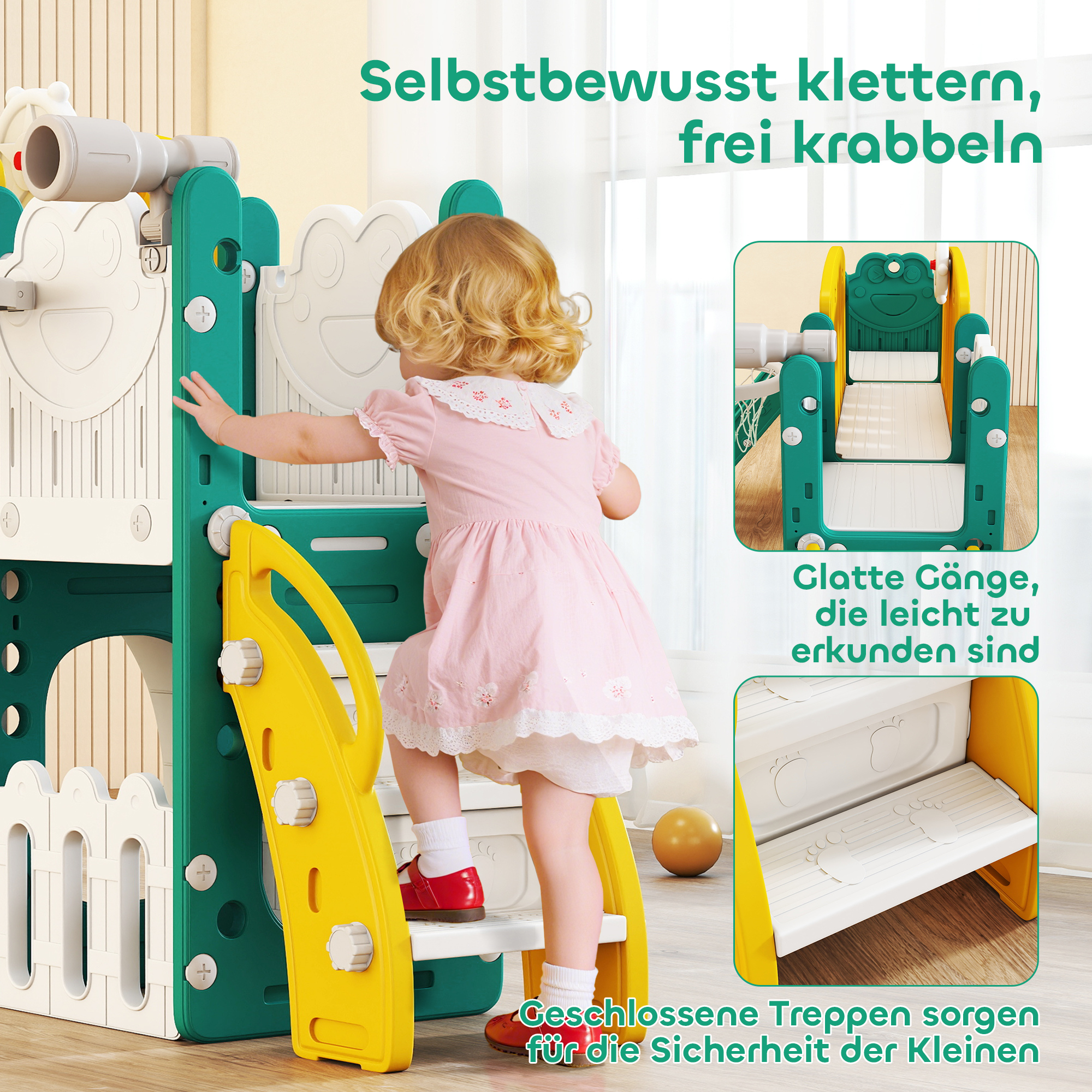 7-in-1 Rutschenset für Kleinkinder, Basketballkorb, Froschdesign, Klettergerüst, Schaukelsitz, für drinnen und draußen, Gelb+Grün