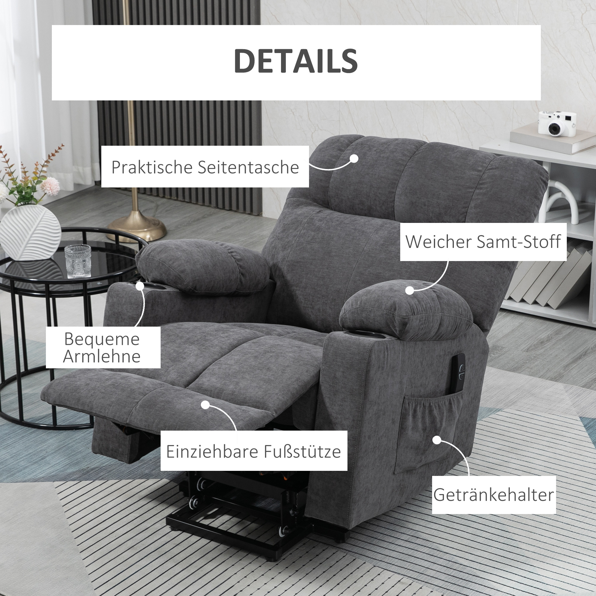Aufstehhilfe Seniorensessel, Liegefunktion, inkl, Fernbedienung, 144 cm x 91 cm x 88 cm, Dunkelgrau