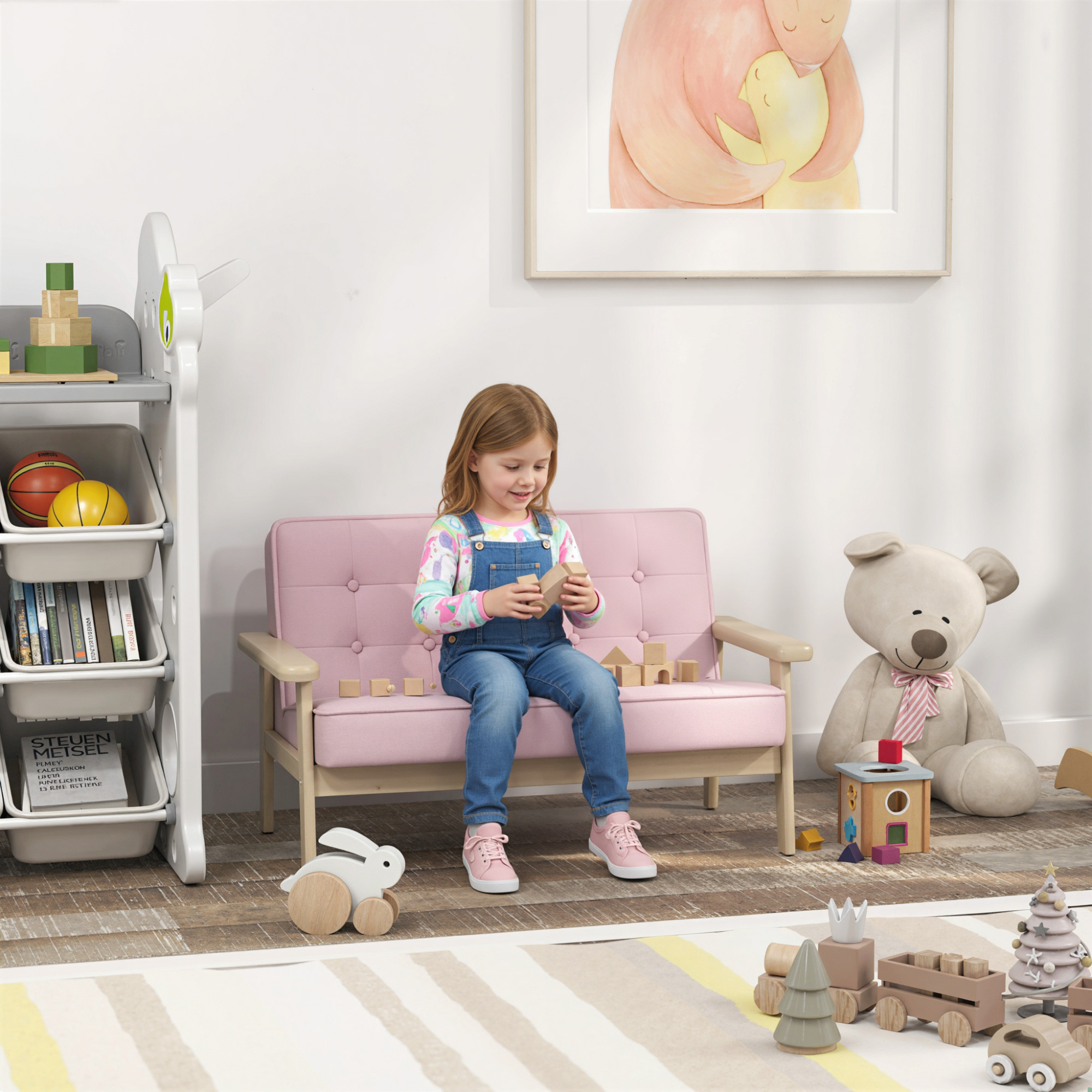 Kindersessel, Kindersofa mit Holzrahmen, Samtoptik, gepolstert, für Kinder von 3-15 Jahren Rosa