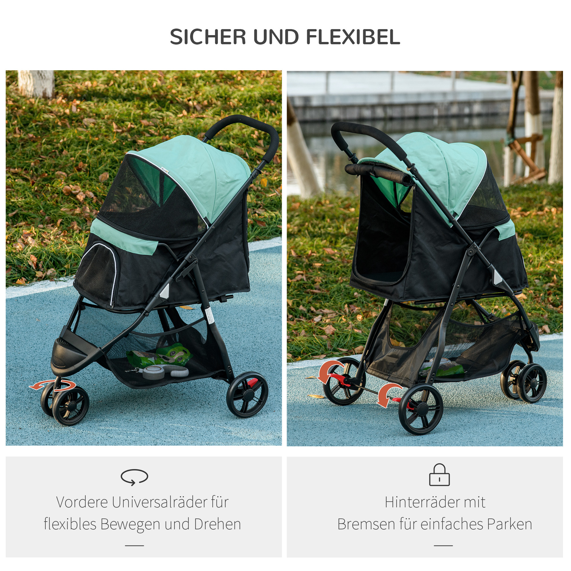 Haustierbuggy Hundebuggy, klappbar, mit Regenschutz, 2 Getränkehalter, Blau + Grün