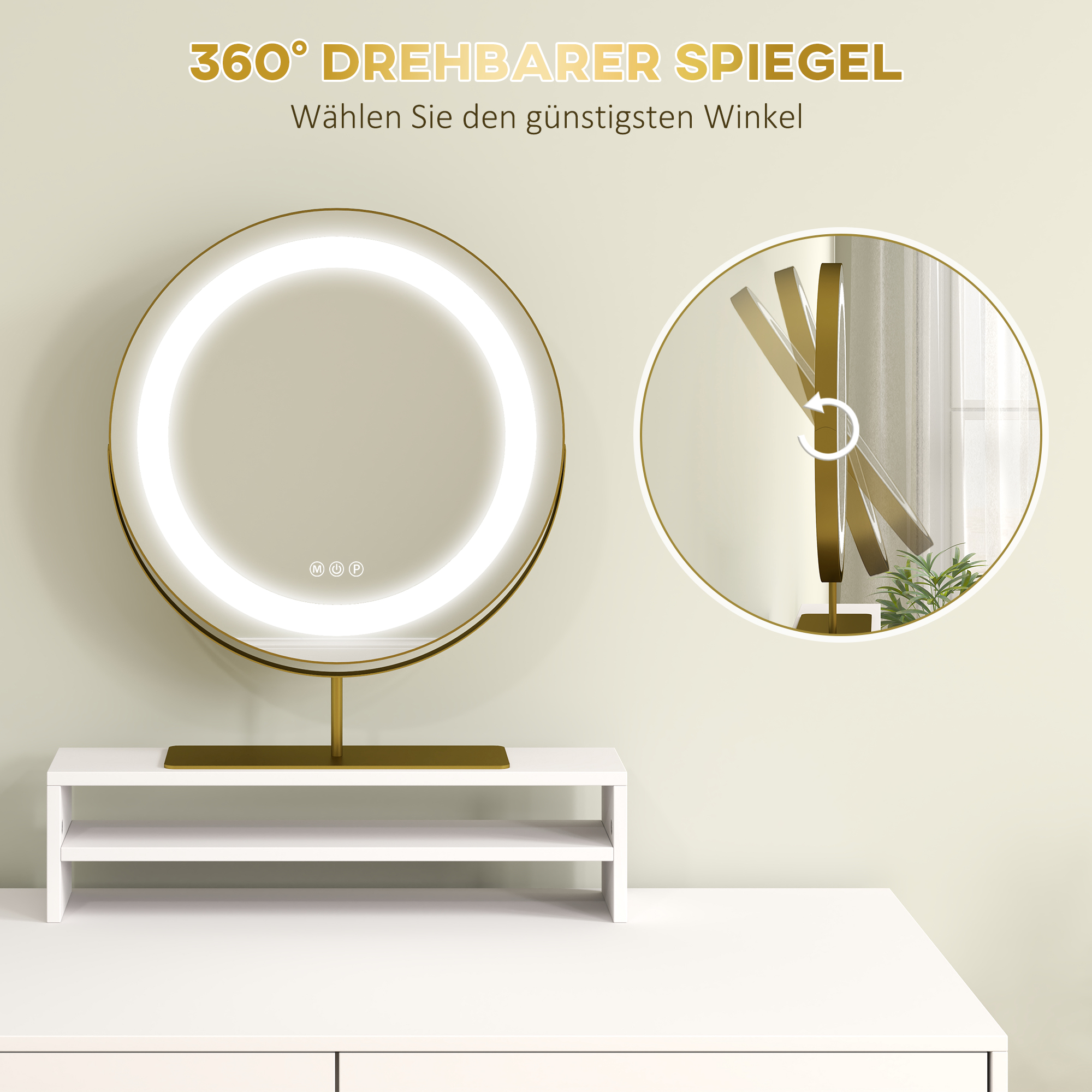 Kosmetiktisch mit 360° Spiegel, LED-Beleuchtung, 2 Schubladen, Weiß/Gold