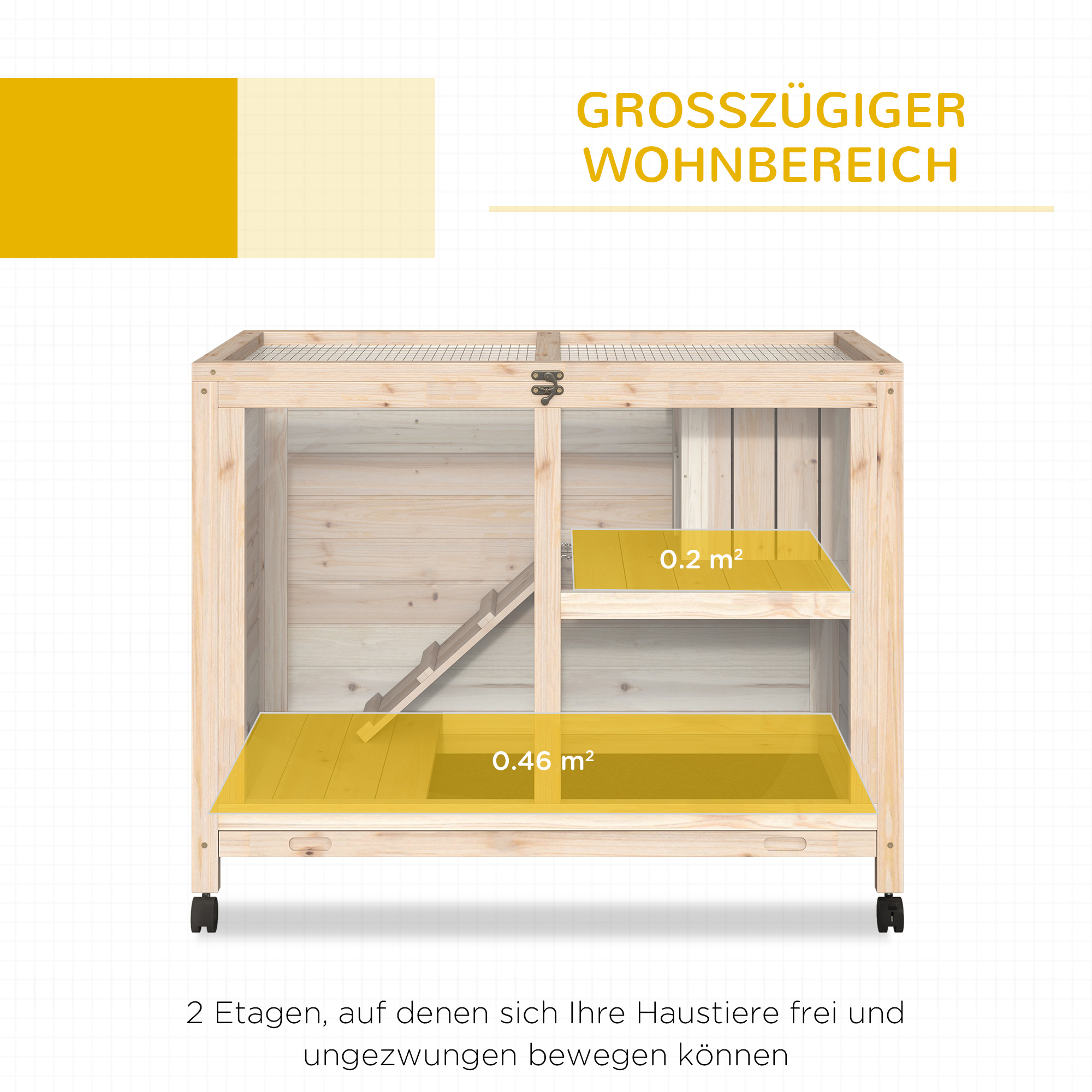 Kleintierstall mit 2 Ebenen 4 Rollen versiegeltes Tannenholz Natur