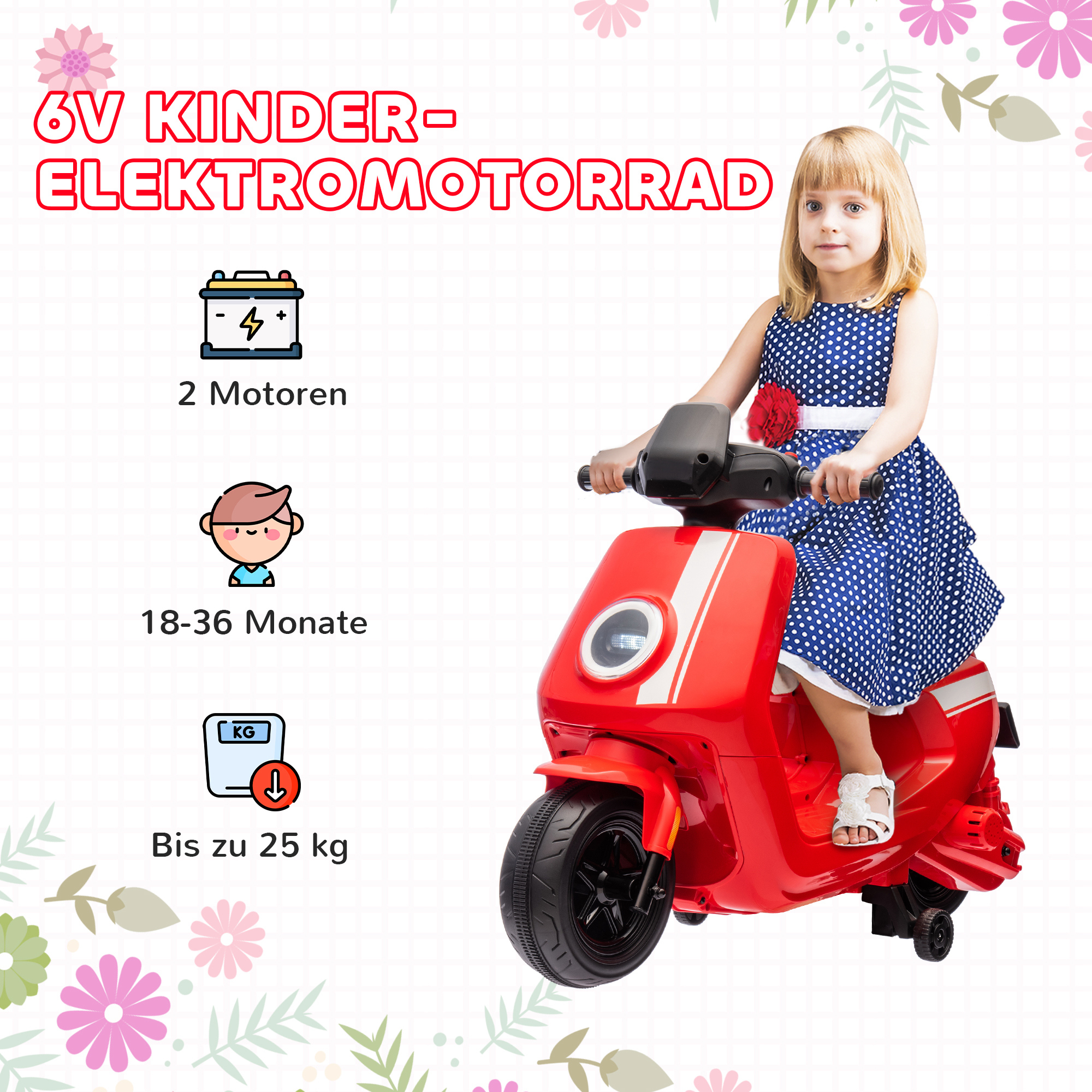 6V Elektro-Motorrad für Kinder, mit Scheinwerfer und Musik, Vor- und Rückwärtsgang, Trainingsräder, 18-36 Monate, Rot