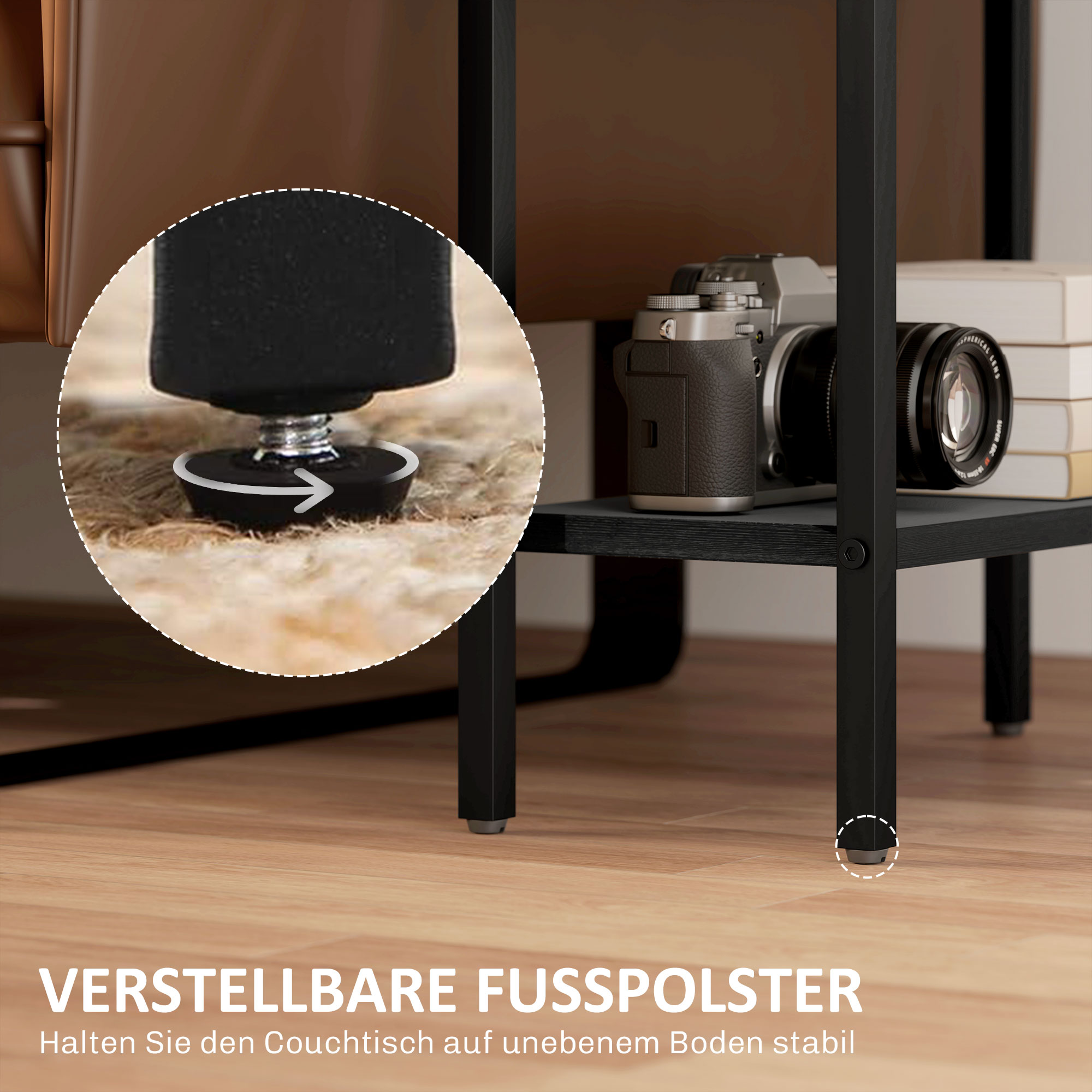 Beistelltisch, 3-stufiges Design, Regale in Holzoptik, Stahlrahmen, Schwarz