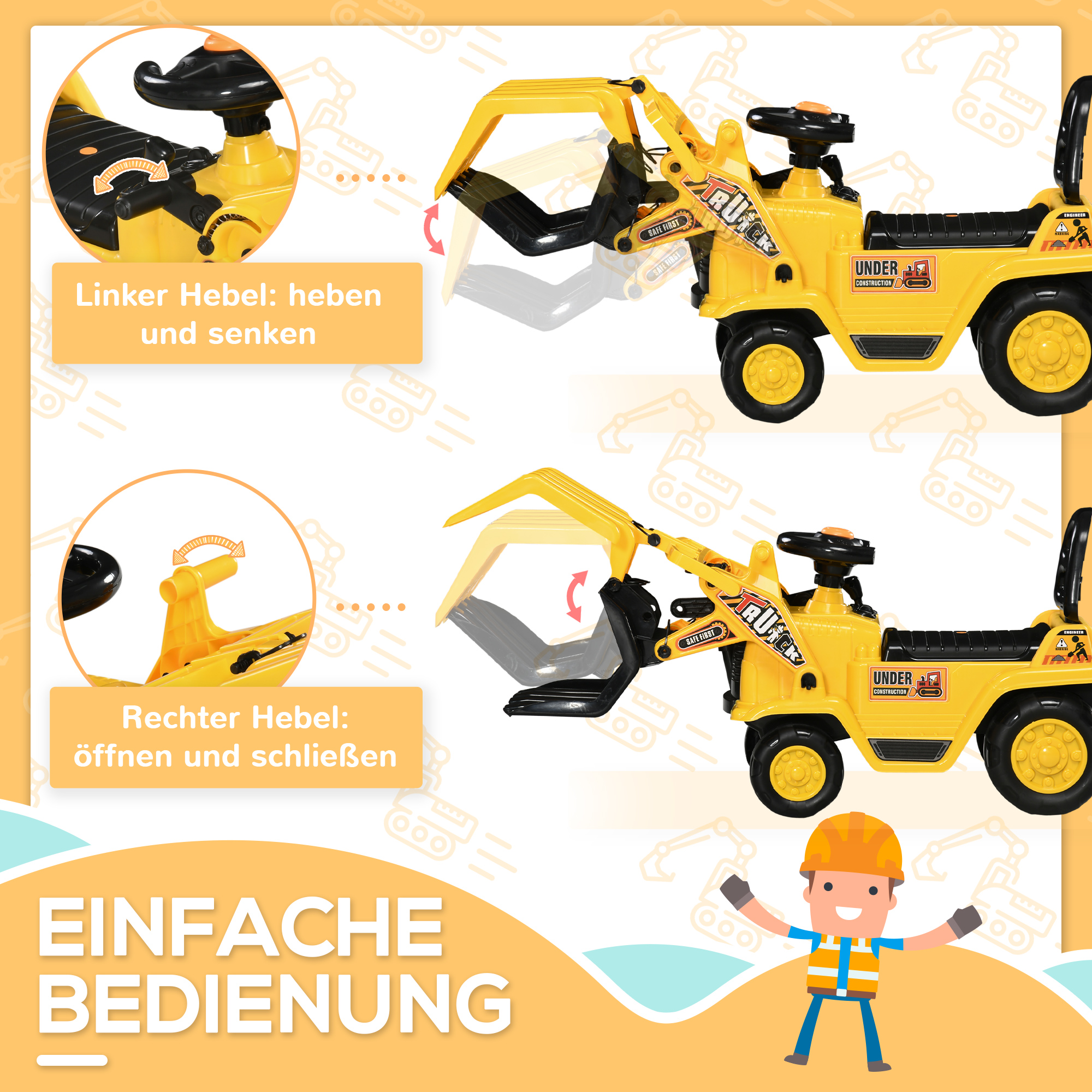 Aufsitzbagger, mit Kralle, Hupe, Sound-Effekten, Stauraum, Kippschutz, für Kinder 2-4 Jahre