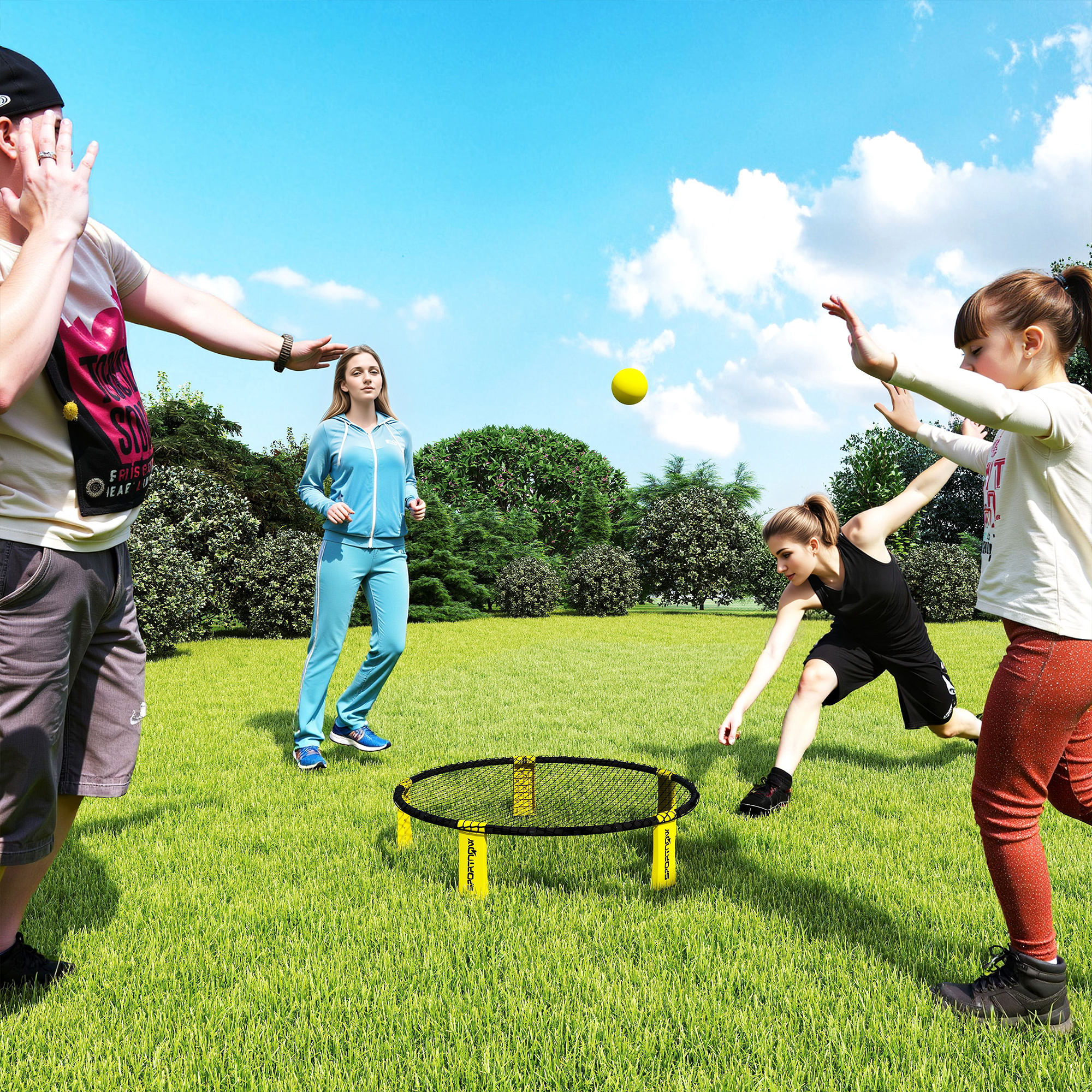 Roundnet Set Spieleset mit Spielnetz 3 Bällen Tragetasche Ballpumpe Spikeball Set Ø92 x 20 cm Gelb