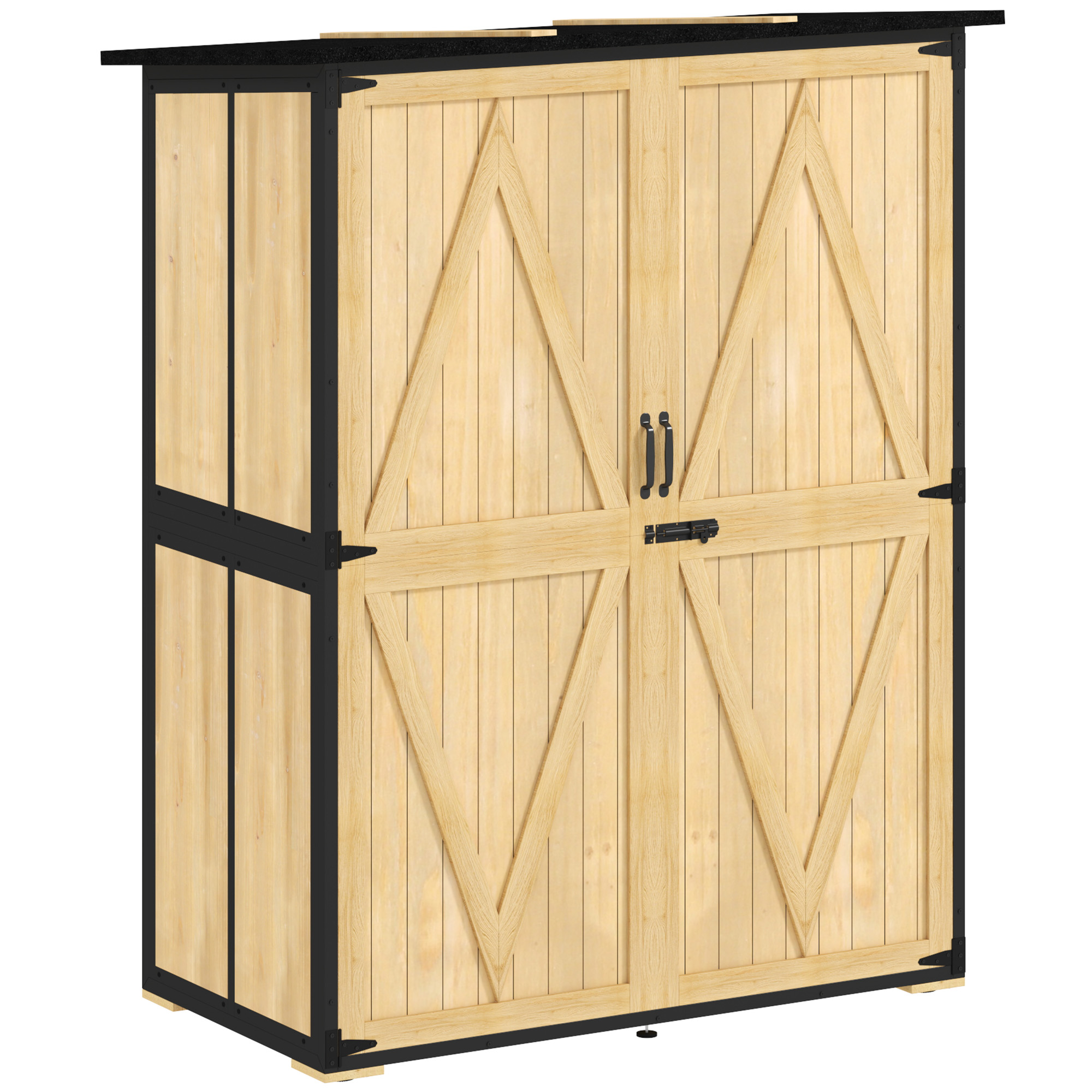 Gartenschrank aus Holz und Stahl, Outdoor-Werkzeugschrank mit Asphalt-Dach, 2 Regale, verschließbare Türen, Naturholz