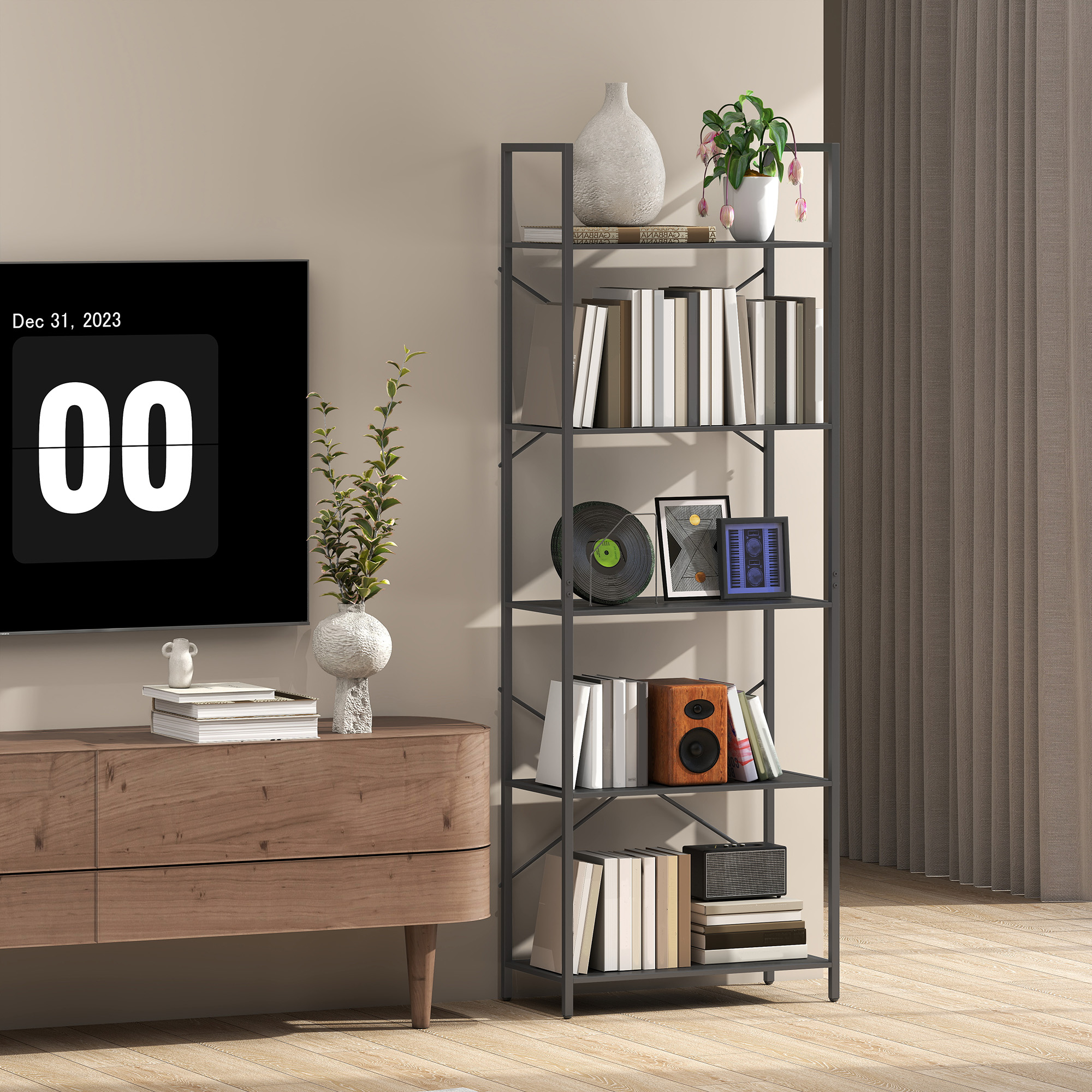 Bücherregal, Standregal mit 5 Ebenen, Industrielles Büroregal mit Metallrahmen, offenes Aufbewahrungsregal für Wohnzimmer, Büro, Arbeitszimmer, 60x30x170,5 cm, Schwarz