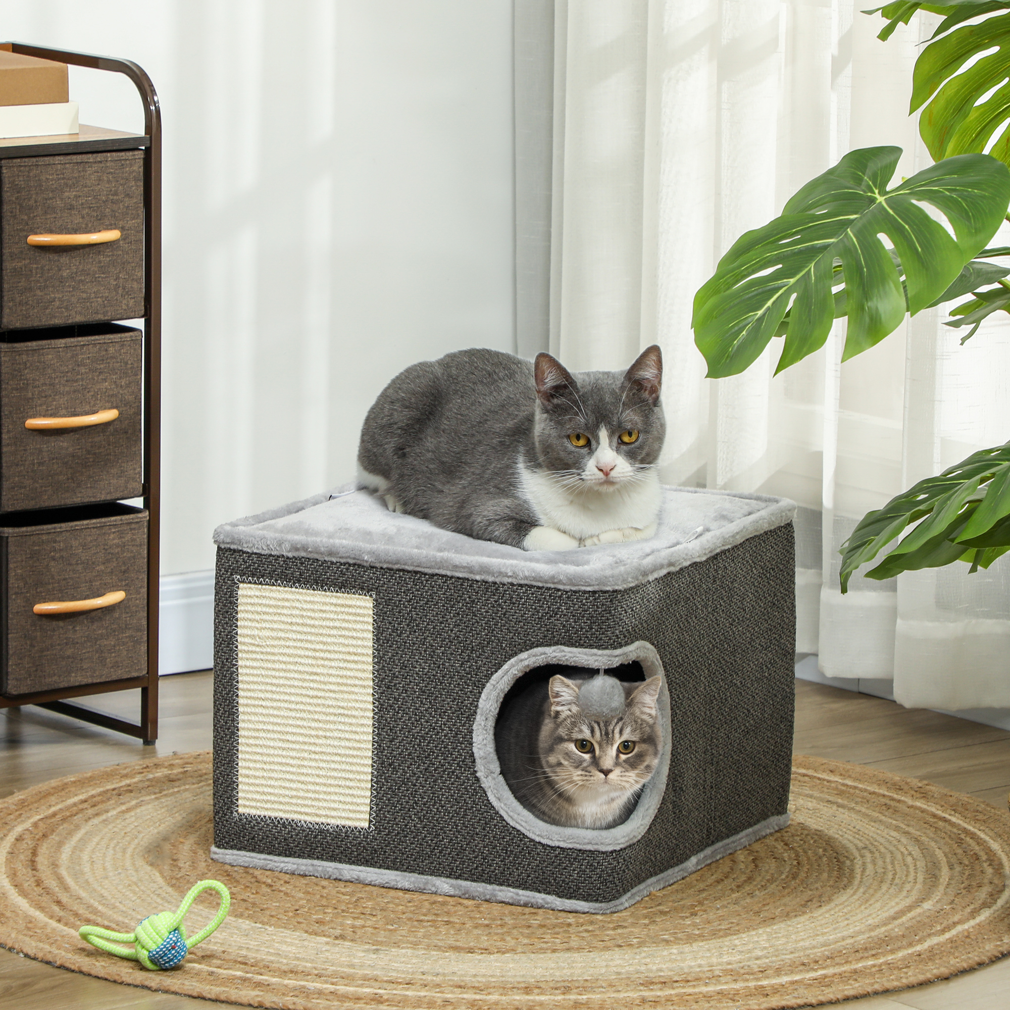 Katzenhaus mit 2 Kissen, Bett, Höhle, Kratzmatte, Spielball, kleiner Kratzbaum, Grau