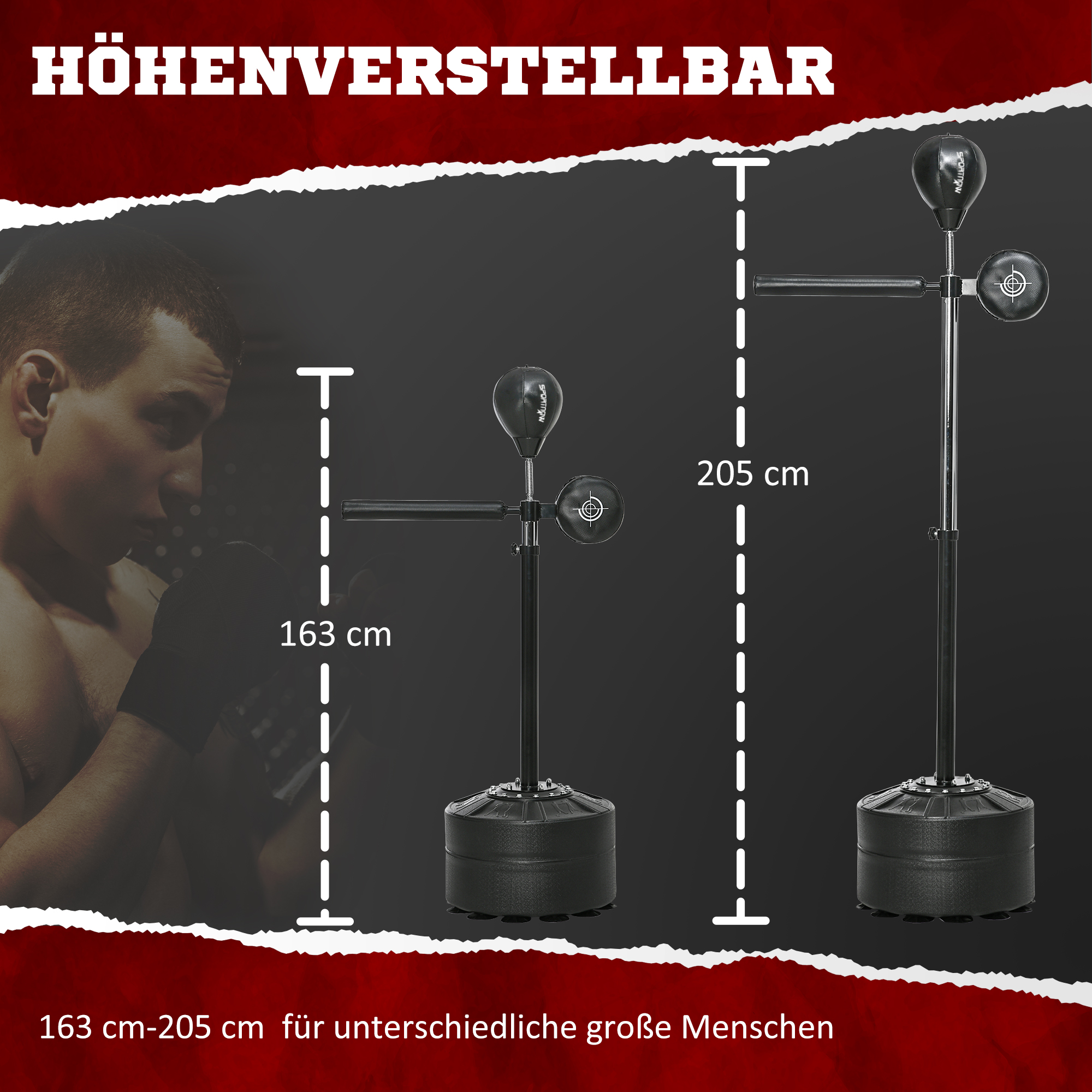 Höhenverstellbarer Punchingball, 360° drehbar, inkl, Boxbandagen, Schwarz, 80,5 x 48 x 163-205 cm