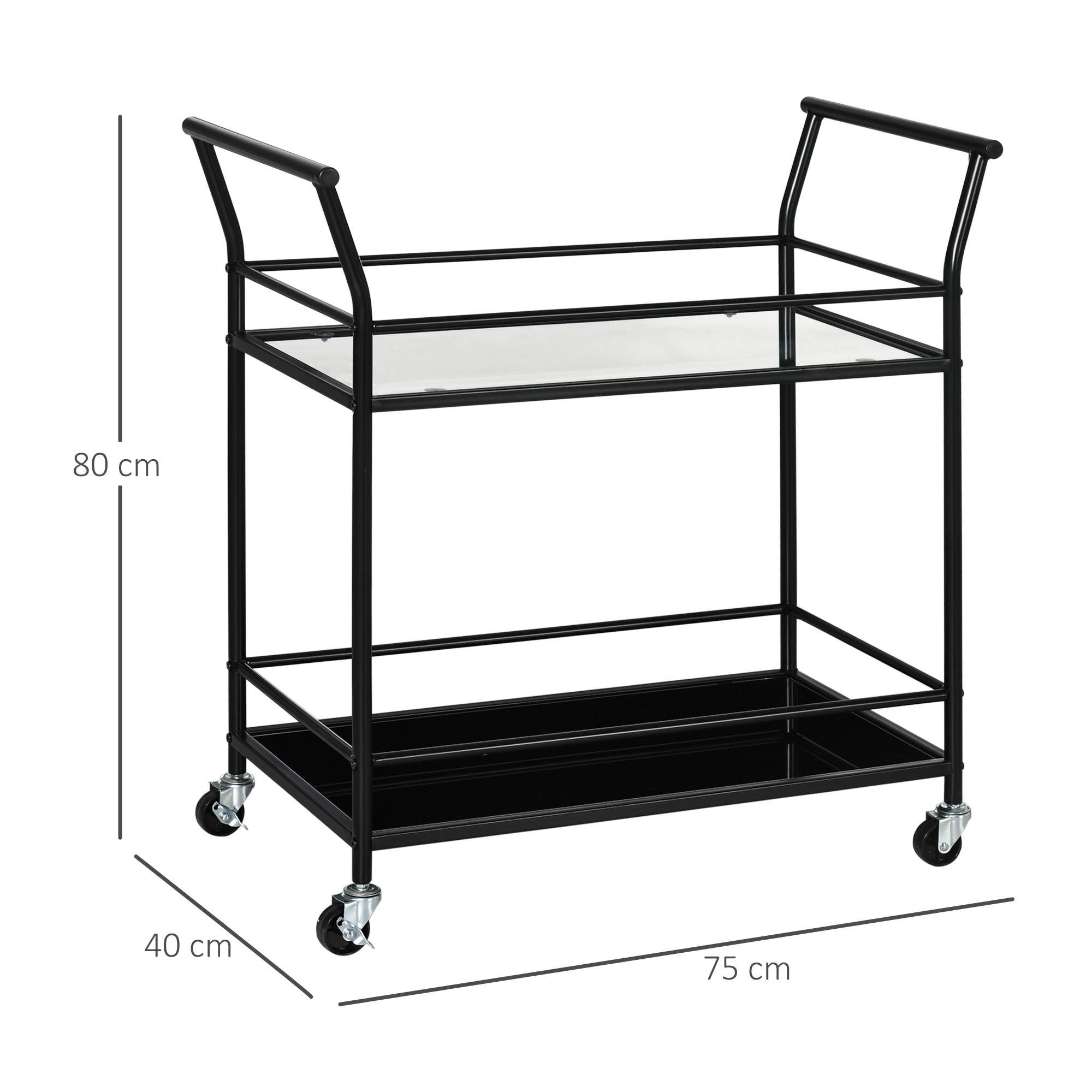 Küchenwagen mit 4 Rollen, 2 Ablagen und Griffen, 75 cm x 40 cm x 80 cm, Schwarz