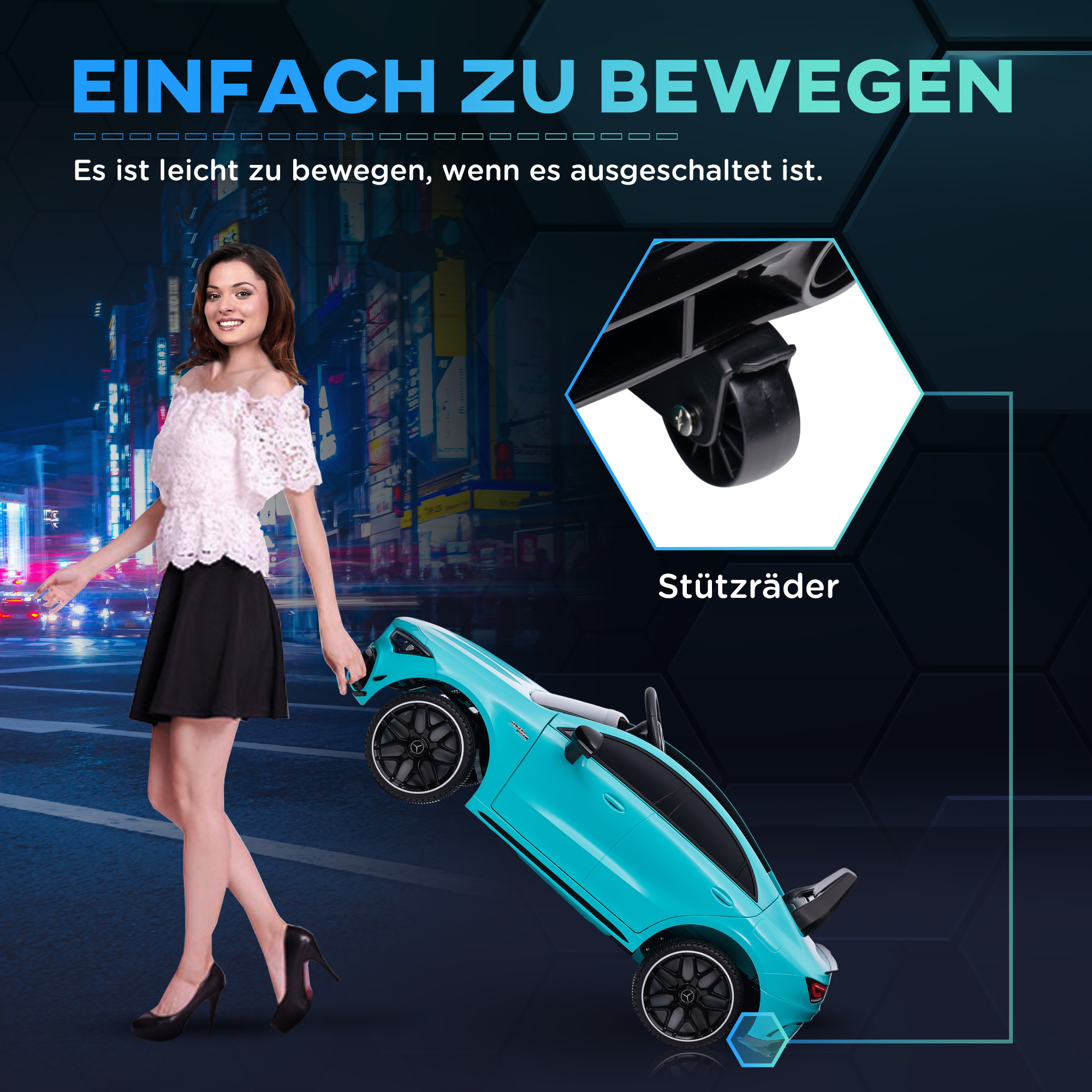Kinder-Elektroauto, fernsteuerbar, mit Transportrollen, LED-Lichter, Hupe, für Kinder von 3-6 Jahren, Hellblau
