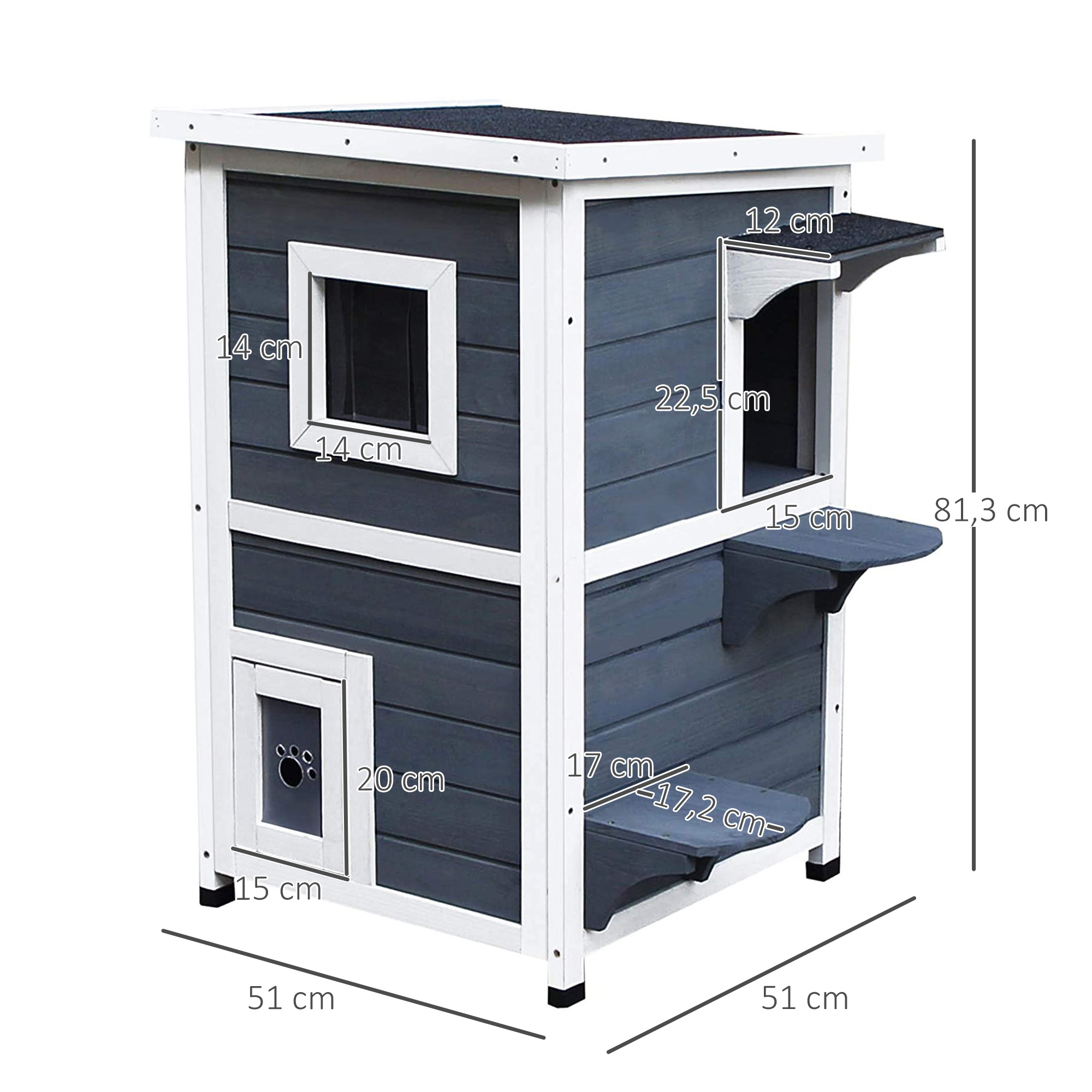 Katzenhaus aus Holz 2 Etagen Winterfest wasserdicht Katzenhütte mit Asphaltdach Treppen Fenster Katzenhöhle Outdoor Schutzhütte für Draußen Garten Balkon 51 x 51 x 81,3 cm Grau