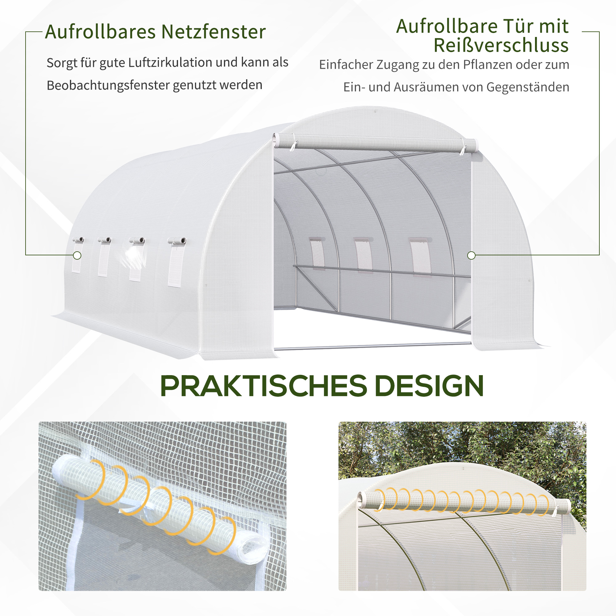 Gewächshaus 595x300x200cm Foliengewächshaus Tomatenhaus mit Tür, Fenster, Folientunnel aus verzinktem Stahl, Pflanztunnel, Treibhaus inkl, Erdanker Seilen, Gartentunnel, Weiß
