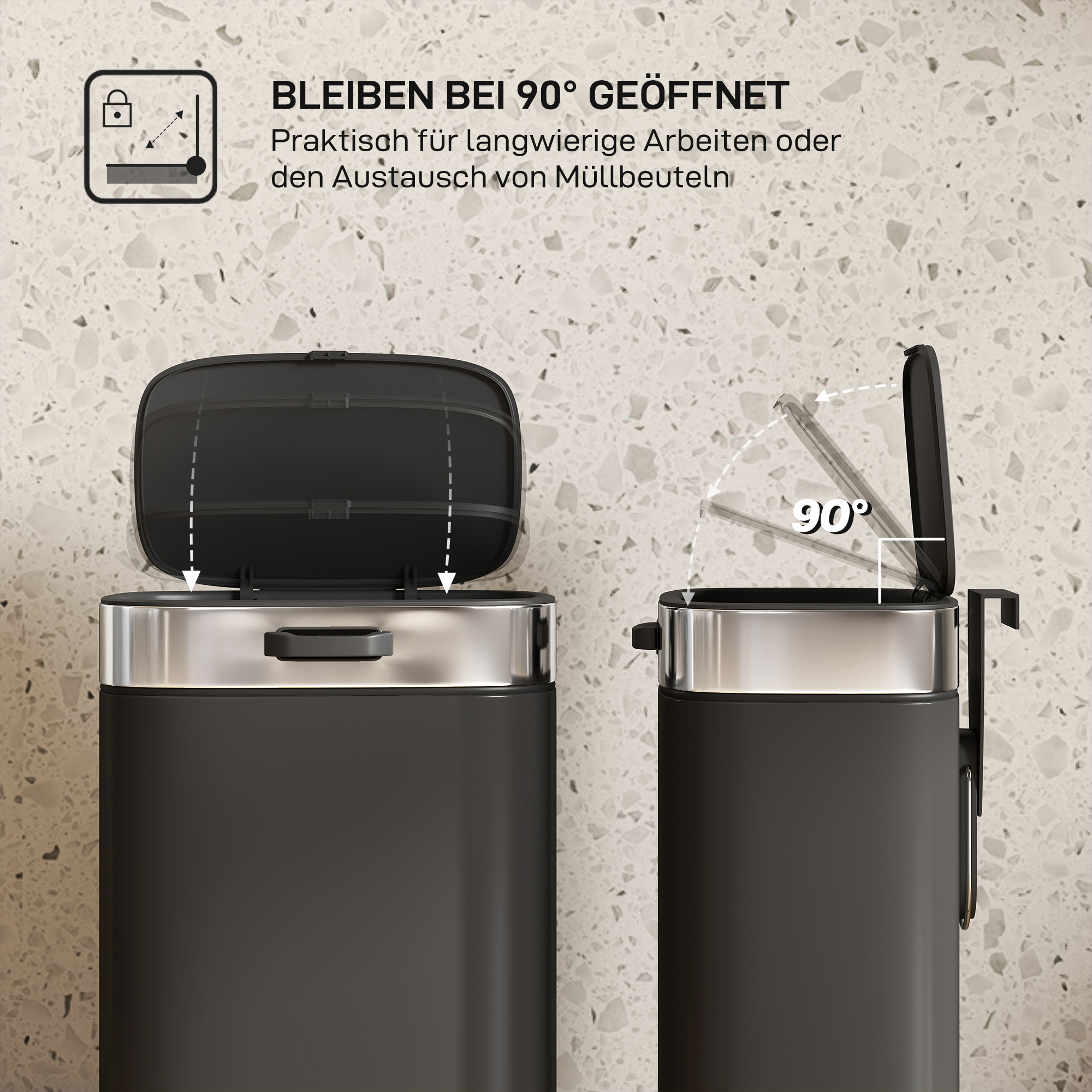 Mülleimer, Edelstahl Küchenmülleimer mit offen bleibendem Deckel, herausnehmbarer Inneneimer, 21,5x19,5x30 cm, Schwarz