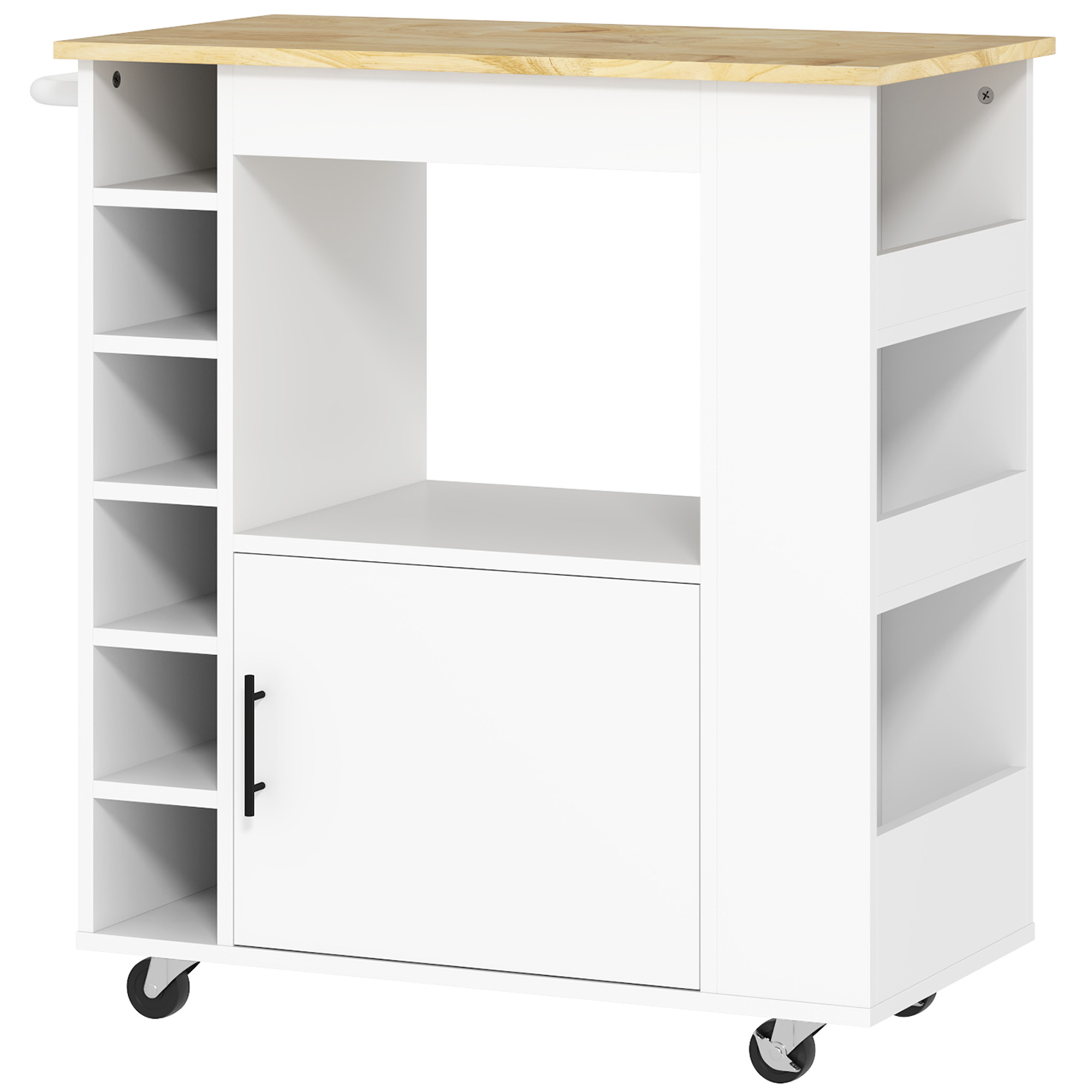 Küchenwagen, Rollbare Kücheninsel, Küchen-Trolley mit Fächern, Weinregalen, Schrank und Arbeitsfläche, Weiß Küchenwagen, Rollbare Kücheninsel, Küchen-Trolley mit Fächern, Weinregalen, Schrank und Arbeitsfläche, Weiß