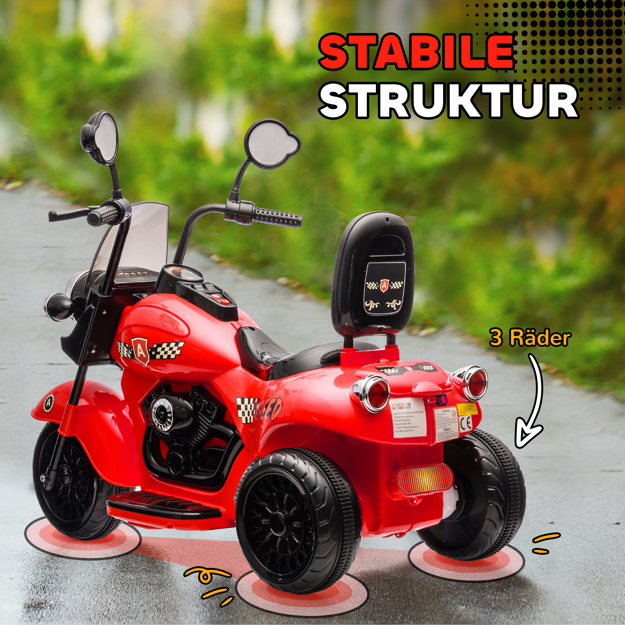 Elektro-Kinder-Motorrad, 3 Räder, 6V Batterie-Betrieb, Scheinwerfer, Musik, für Kinder im Alter von 3-6 Jahren, Rot