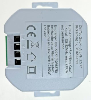 Funk-Empfänger für "Pilota Casa" 1-Kanal, max. 2300W, ERSETZT einen Schalter