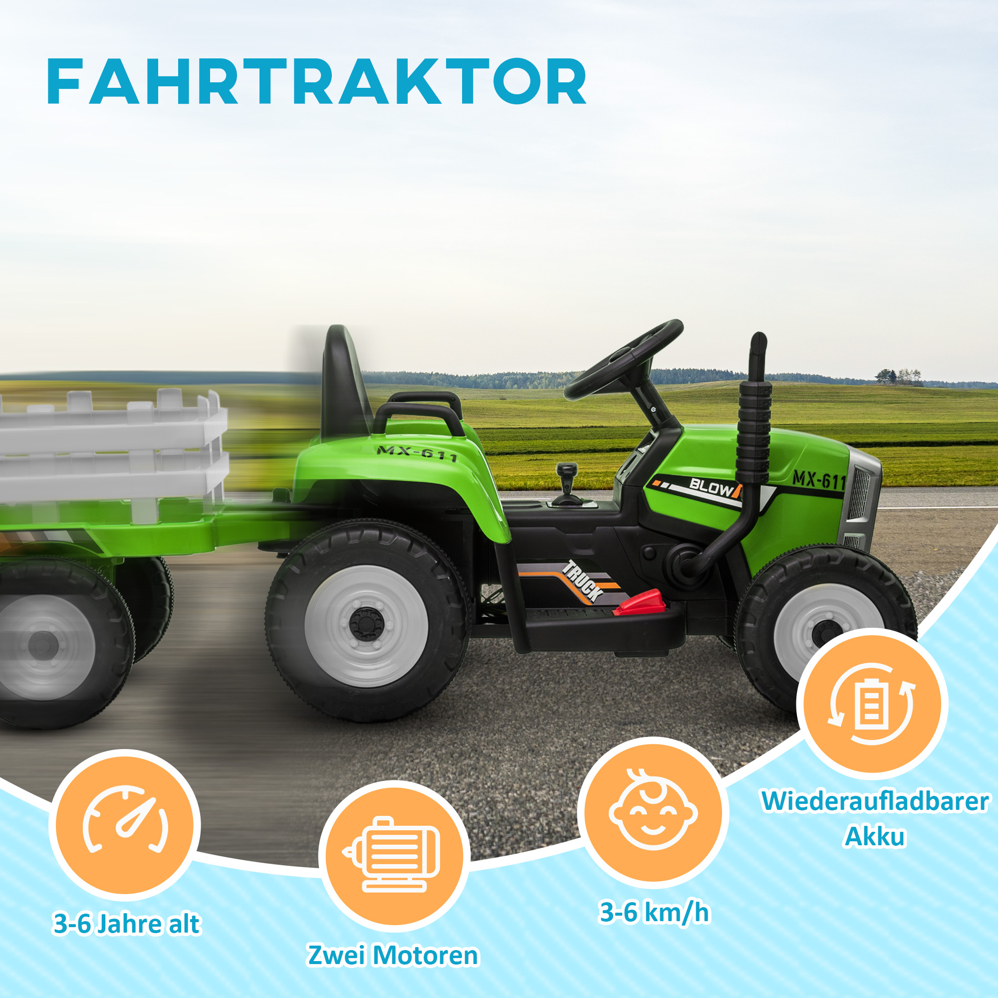 Elektrischen Kinderauto, Kinder-Traktor, inkl, Eltern-Fernbedienung, max, Geschwindigkeit von 6 km/h;, Grün + Schwarz