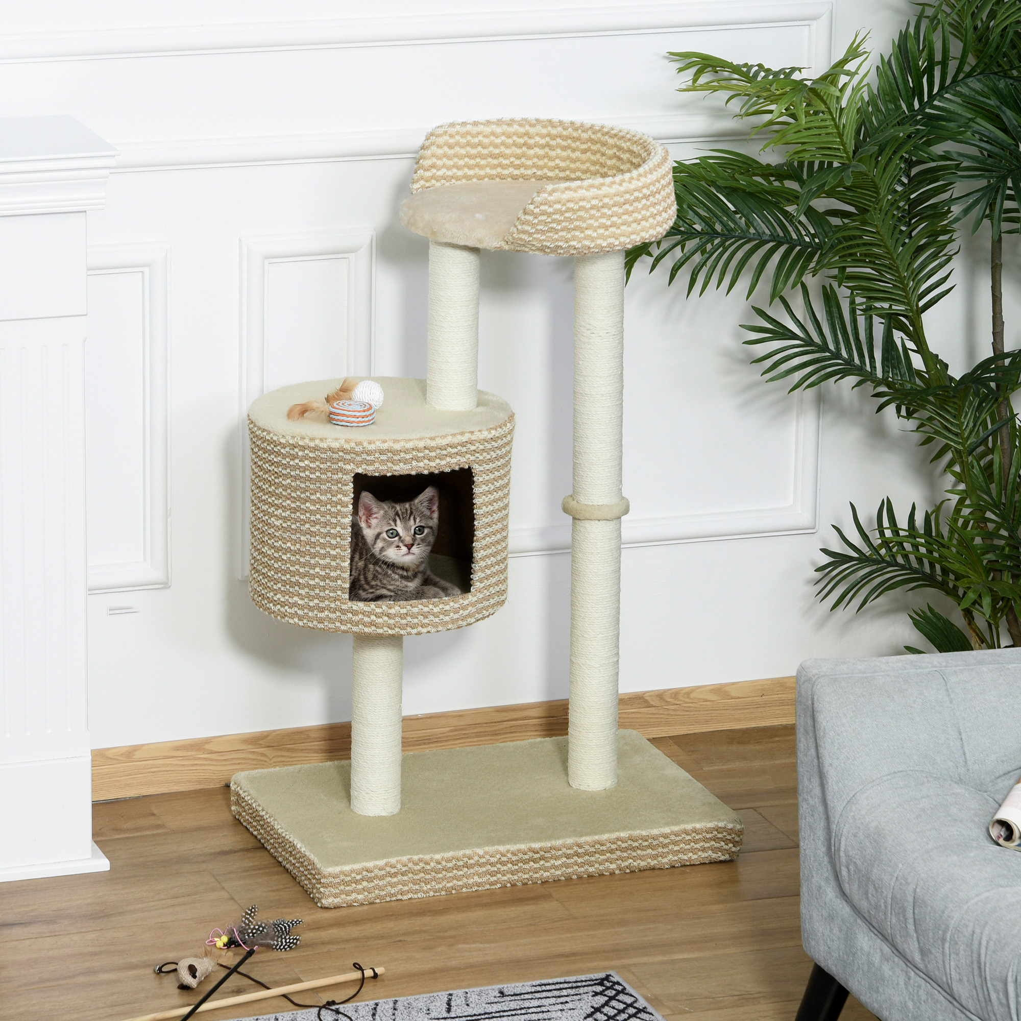 Katzenbaum Kratzbaum Kletterbaum Katzenkratzbaum, kuschelige Aussichtsplattformen, beige und kaffee, Spanplatte, Plüsch, Jute, 61x41x96 cm