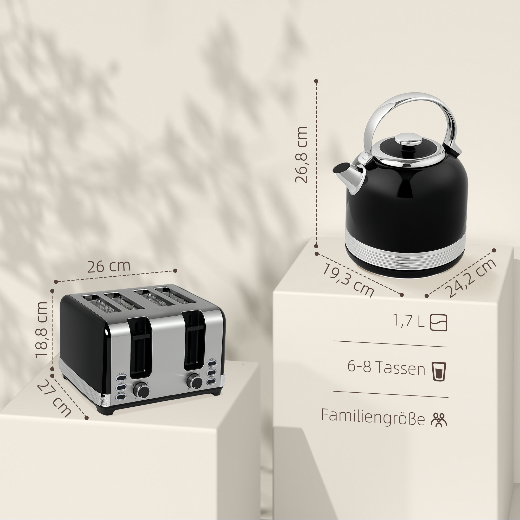 Wasserkocher- und Toaster-Set, 7 Bräunungsstufen, 1,7 L, Kunststoff, Edelstahl, Schwarz