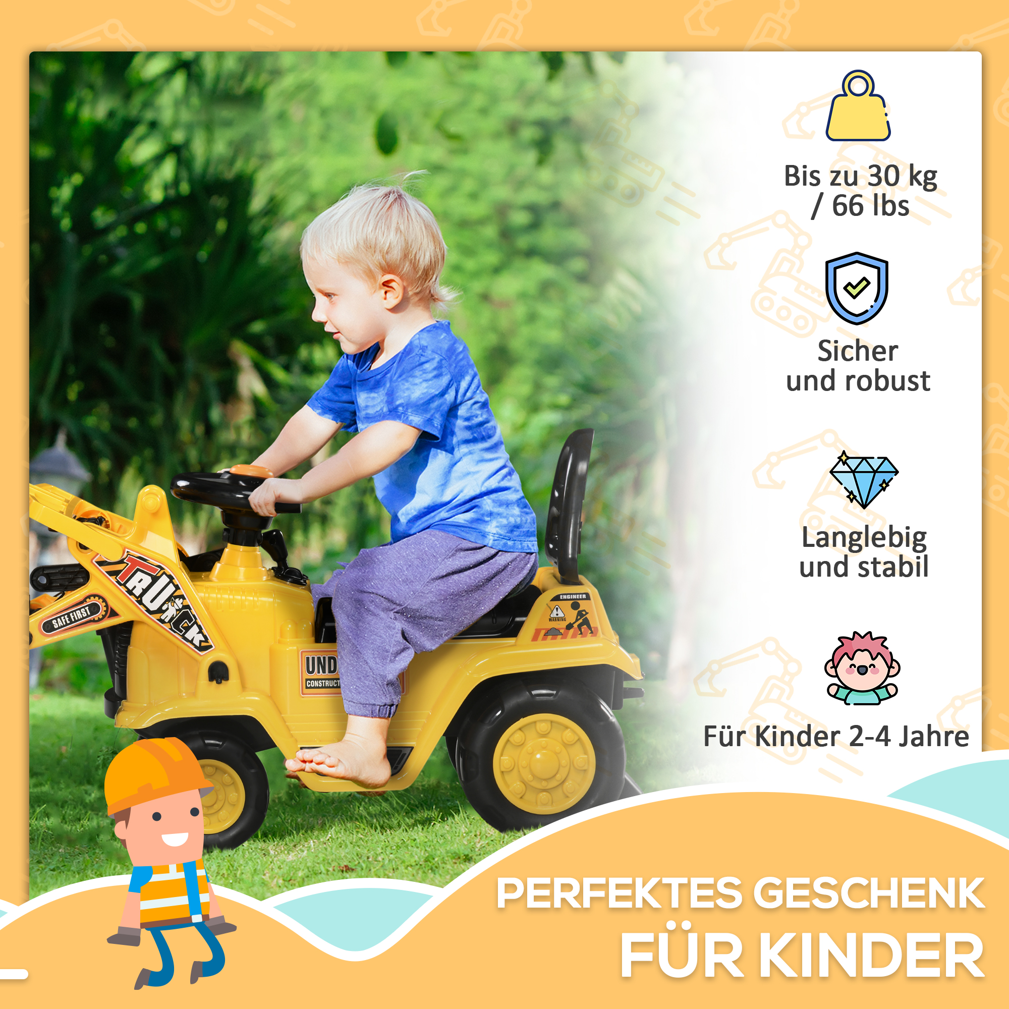 Aufsitzbagger, mit Kralle, Hupe, Sound-Effekten, Stauraum, Kippschutz, für Kinder 2-4 Jahre