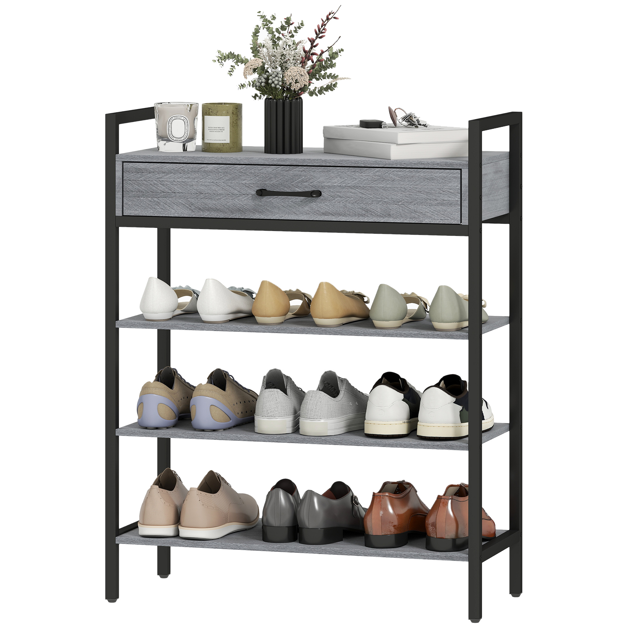 4-stufiges Schuhregal, Flurregal für bis zu 9 Paar Schuhe, Spanplatte, Metall, Grau
