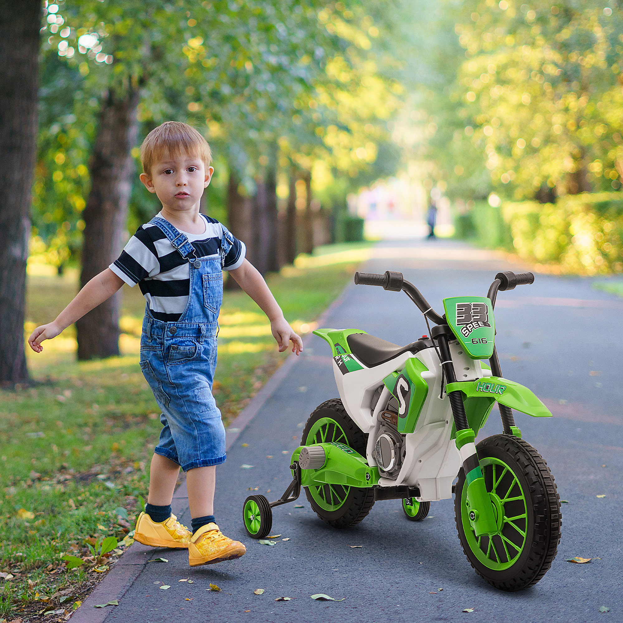 Kindermotorrad, Elektromotorrad, 45 Min Fahrzeit, mit Stützrädern, ab 3 Jahren, grün+weiß, 106,5 x 51,5 x 68cm