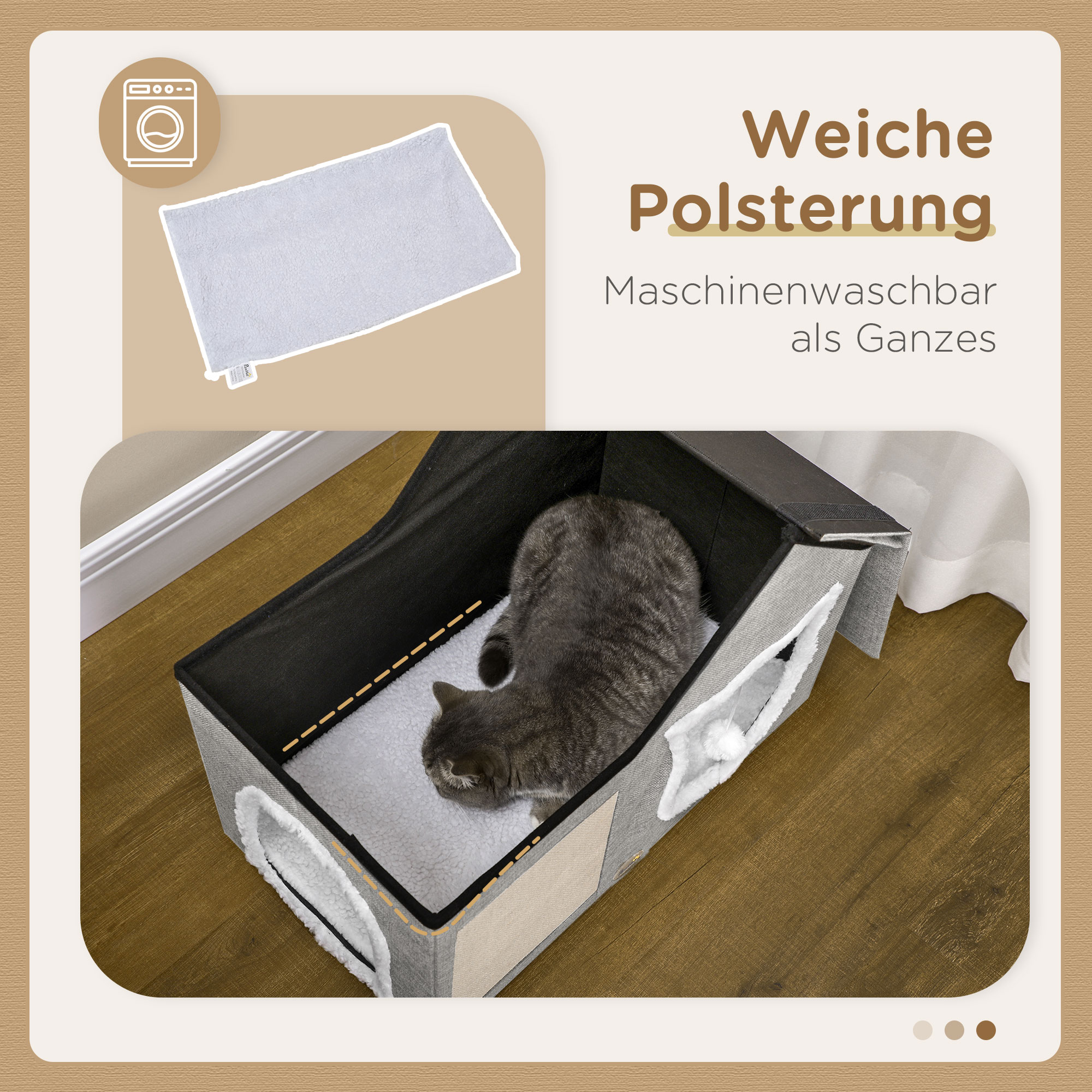 Katzenhaus mit Kratzfläche, inkl, Spielball, Katzenhöhle, 65 cm  x 41 cm x 45,5H cm, Braun + Weiß + Beige