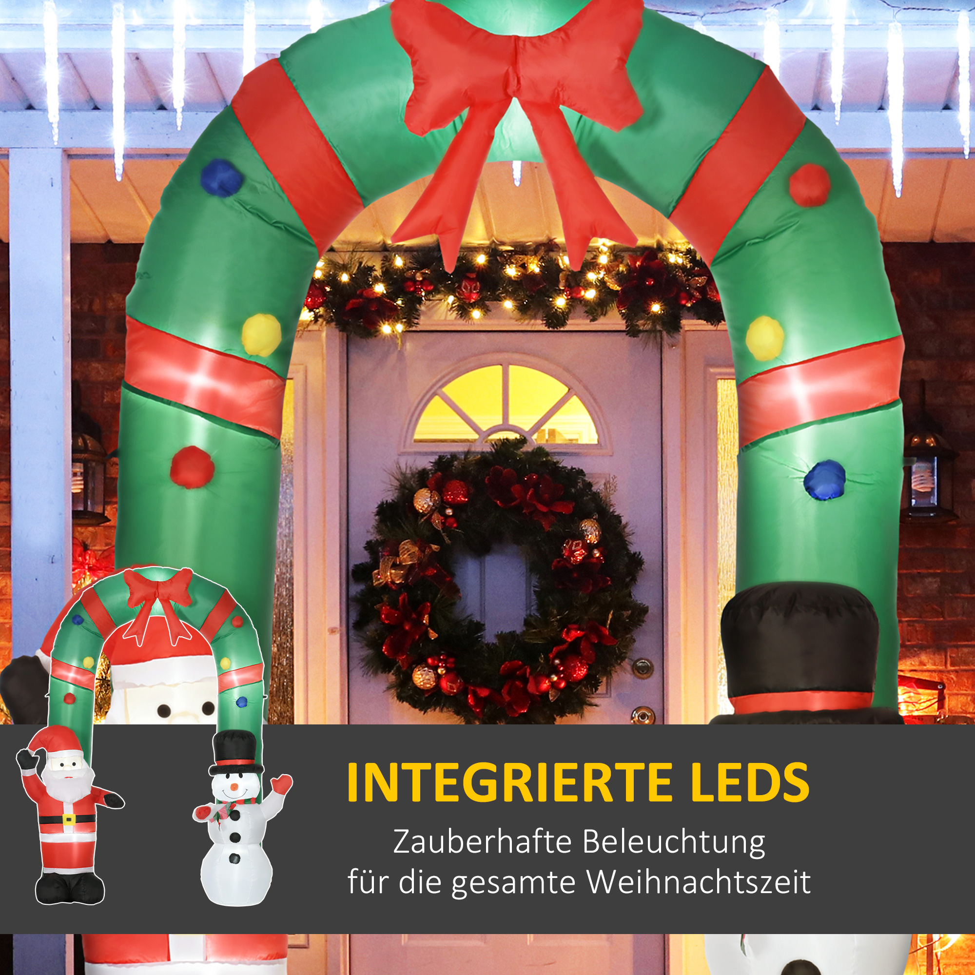 aufblasbarer Torbogen mit Weihnachtsmann und Schneemann, LED-Beleuchtung, integriertes Gebläse, 198 x 80 x 245 cm