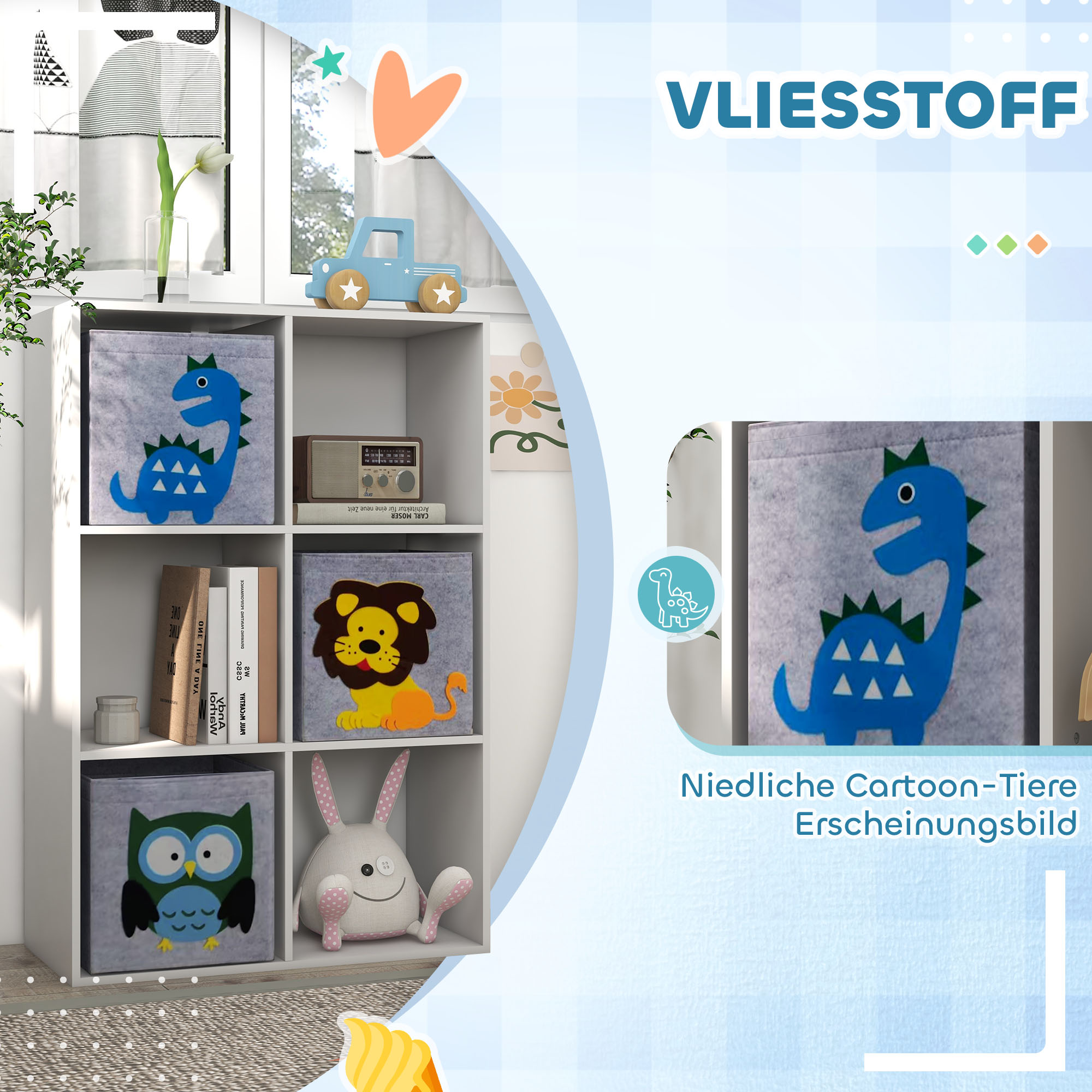 Aufbewahrungsregal für Kinder, Würfel, Schubladen, MDF, Kippschutz, Weiß