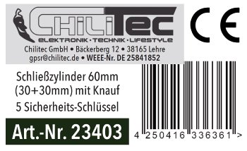Schließzylinder 60mm (30+30mm) mit Knauf, Profil-Zylinder, 5 Sicherheits-Schlüssel