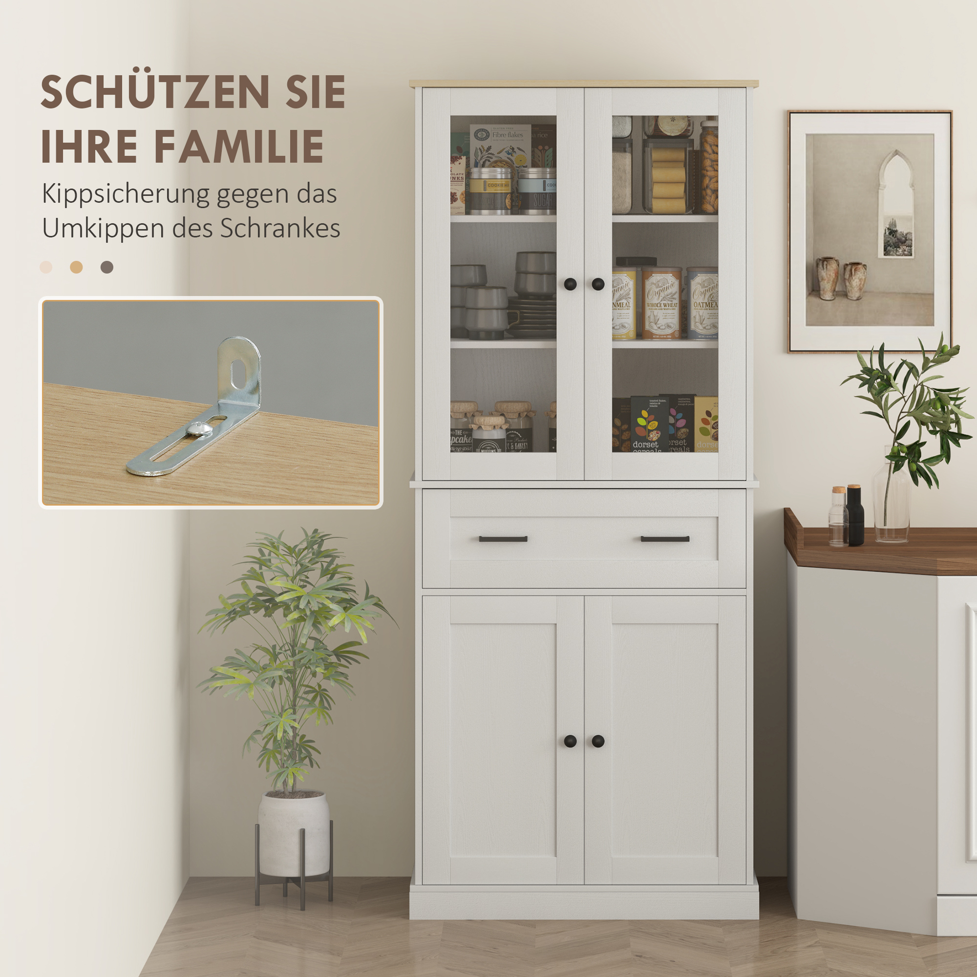 Küchenschrank, Buffet, Acrylfront, Schubladen, 76 x 40 x 182,5 cm, Cremeweiß