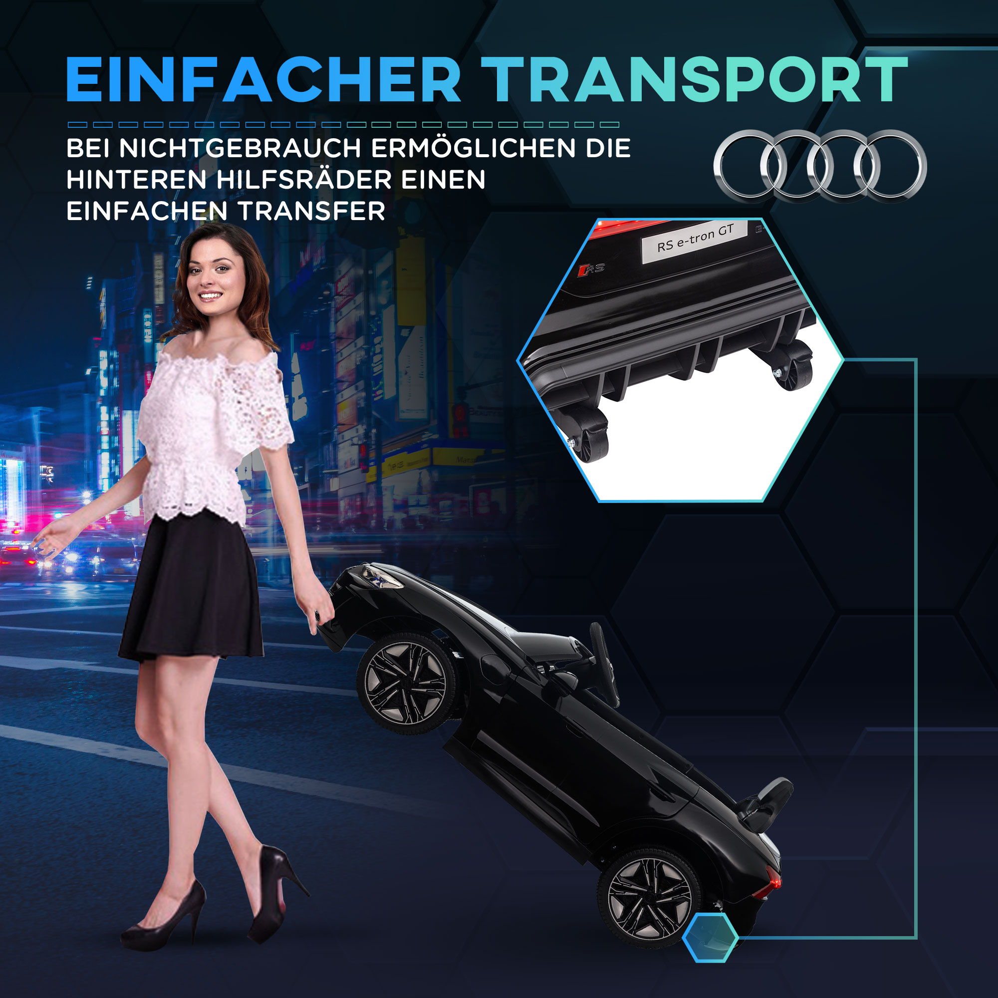 Kinderfahrzeug Audi lizenziert, mit Sicherheitsgurt, Fernbedienung, Licht, schwarz, 103 x 58 x 41cm