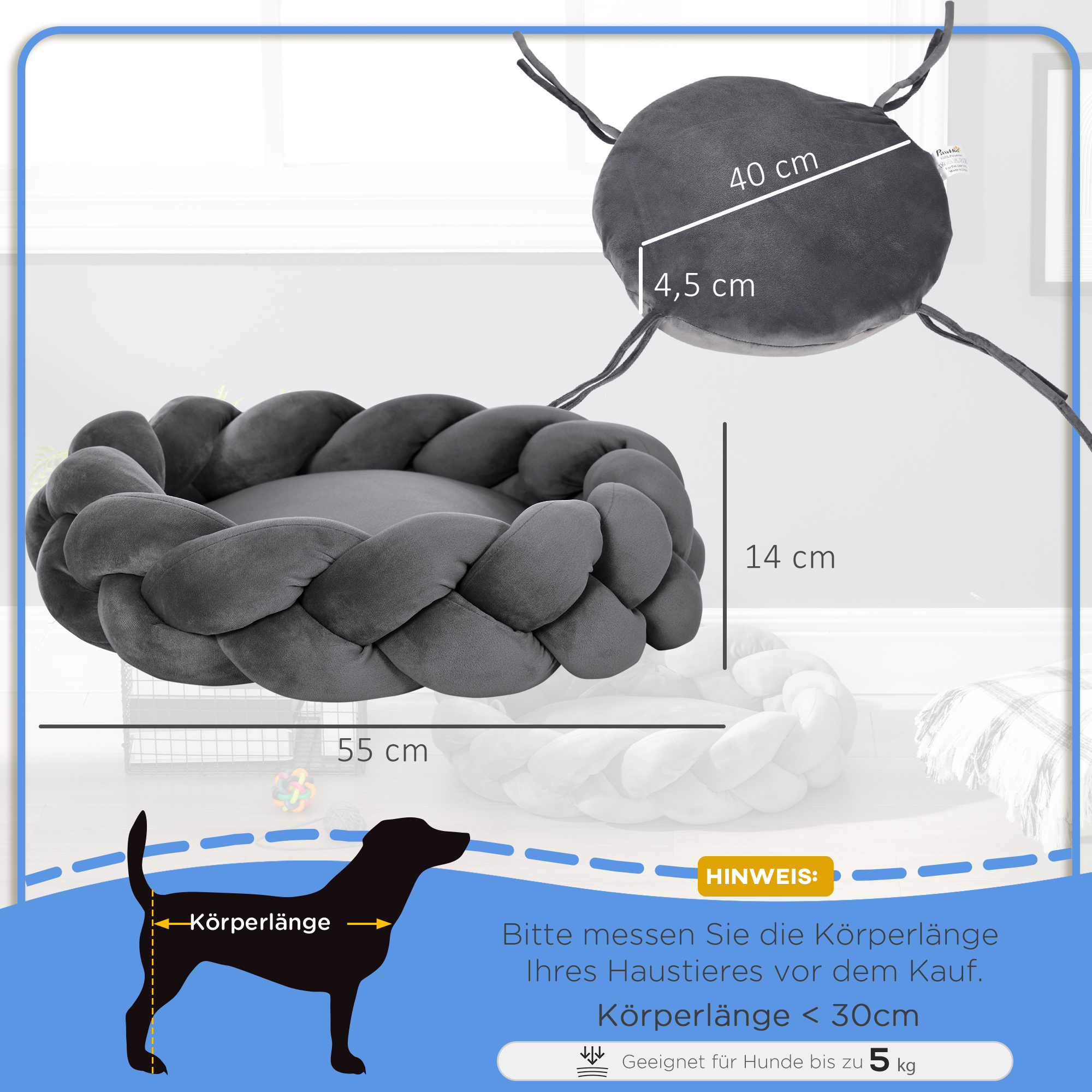 Haustierbett inkl. Kissen, Katzenbett, Hundekorb, waschbar, 55 cm x 55 cm x 14 cm, Grau